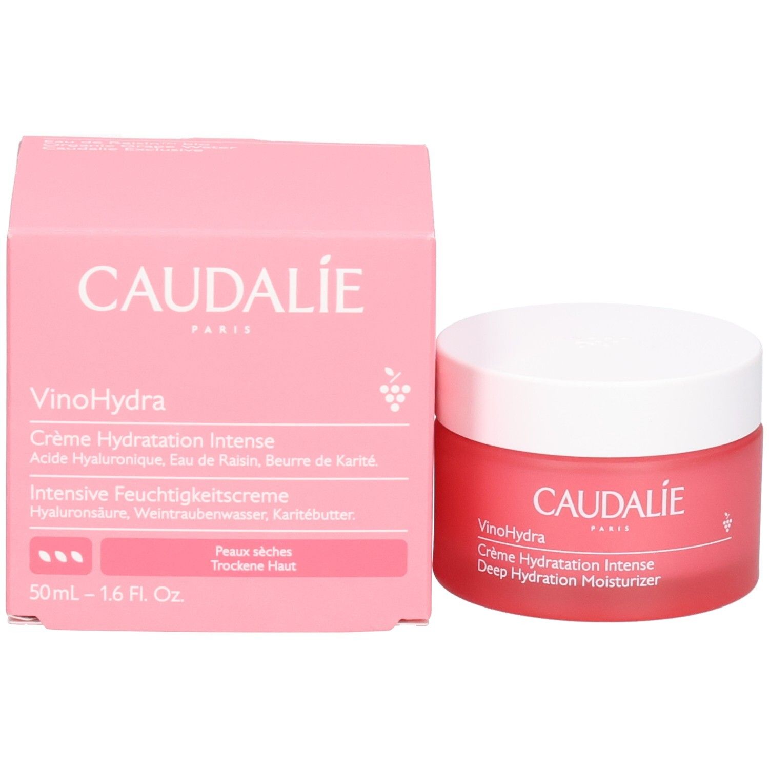 Emballage et pot du produit. Inscription: CAUDALIE, VinoHydra, Crème Hydratation Intense, Intensive Feuchtigkeitscreme.
