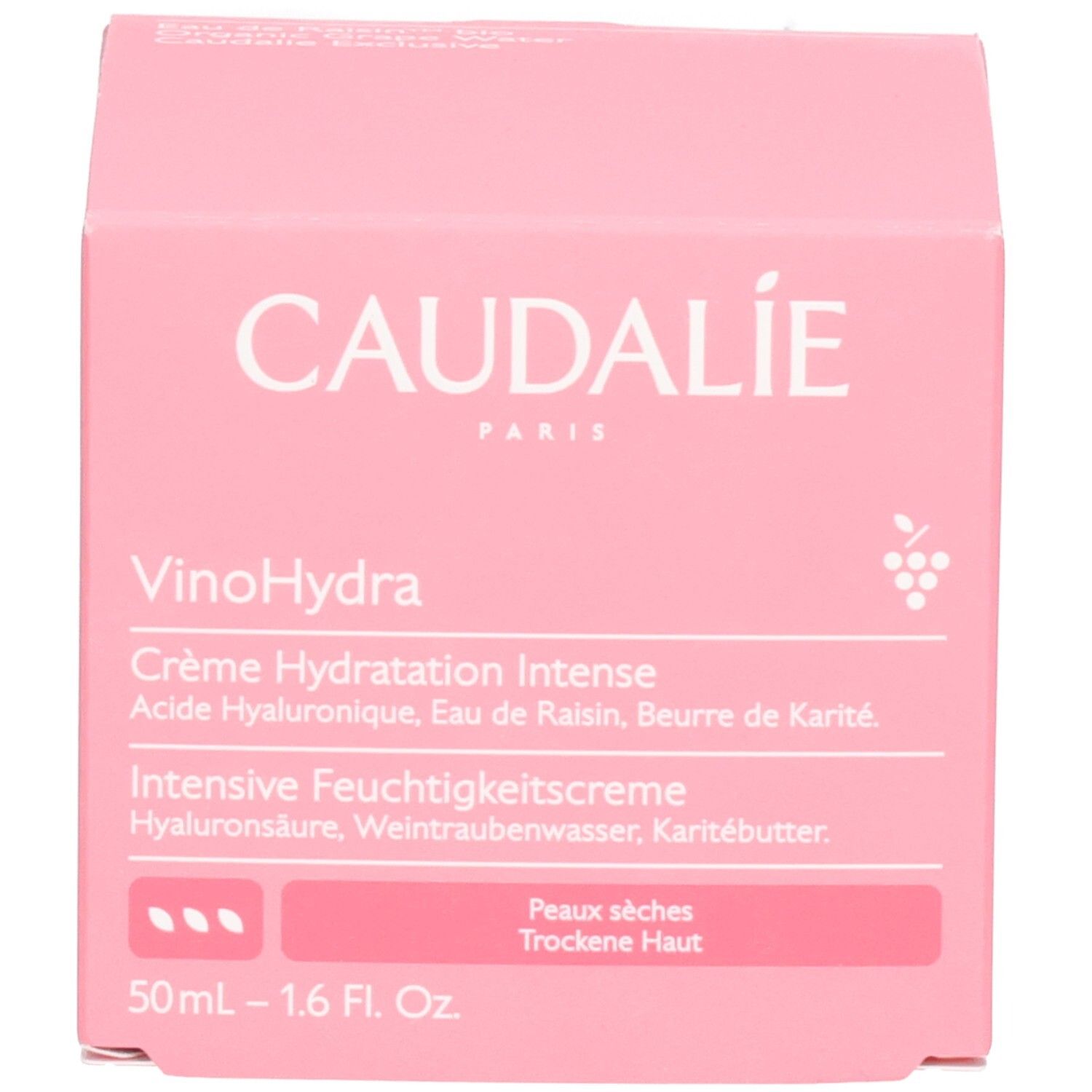 Emballage du produit. Inscription: CAUDALIE, VinoHydra, Crème Hydratation Intense, Intensive Feuchtigkeitscreme, pour peaux sèches.