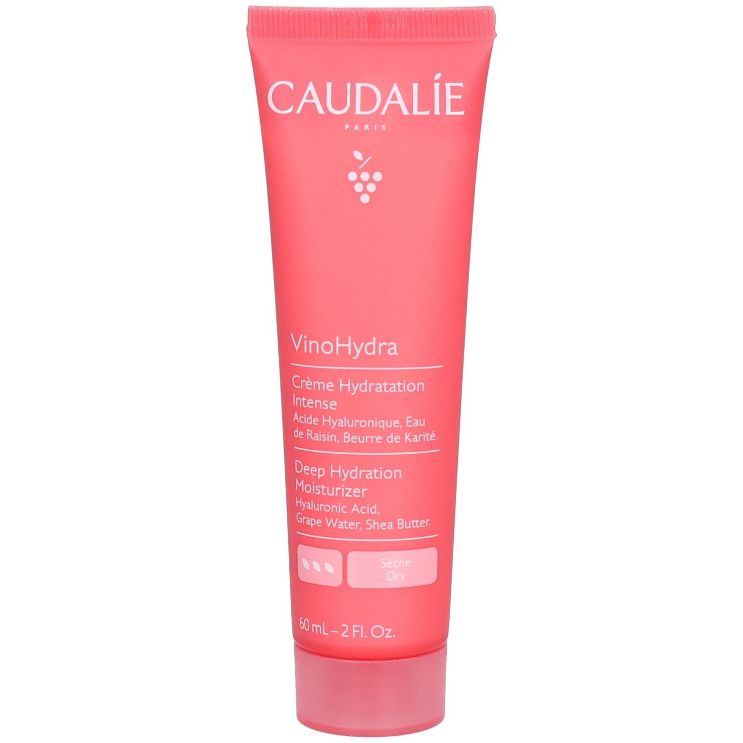 Tube rose avec texte blanc. Logo Caudalie, texte VinoHydra. Contient acide hyaluronique, eau de raisin et beurre de karité. Peau sèche.