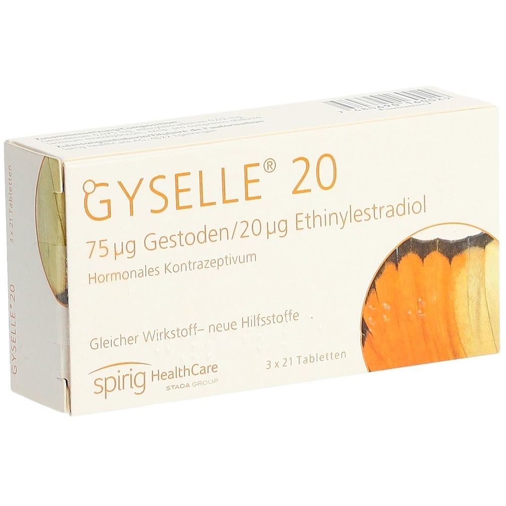 Karton mit GYSELLE 20, 3x21 Tabletten. Aufschrift: 75 µg Gestoden/20 µg Ethinylestradiol, Hormonales Kontrazeptivum. Marke: spirig HealthCare.