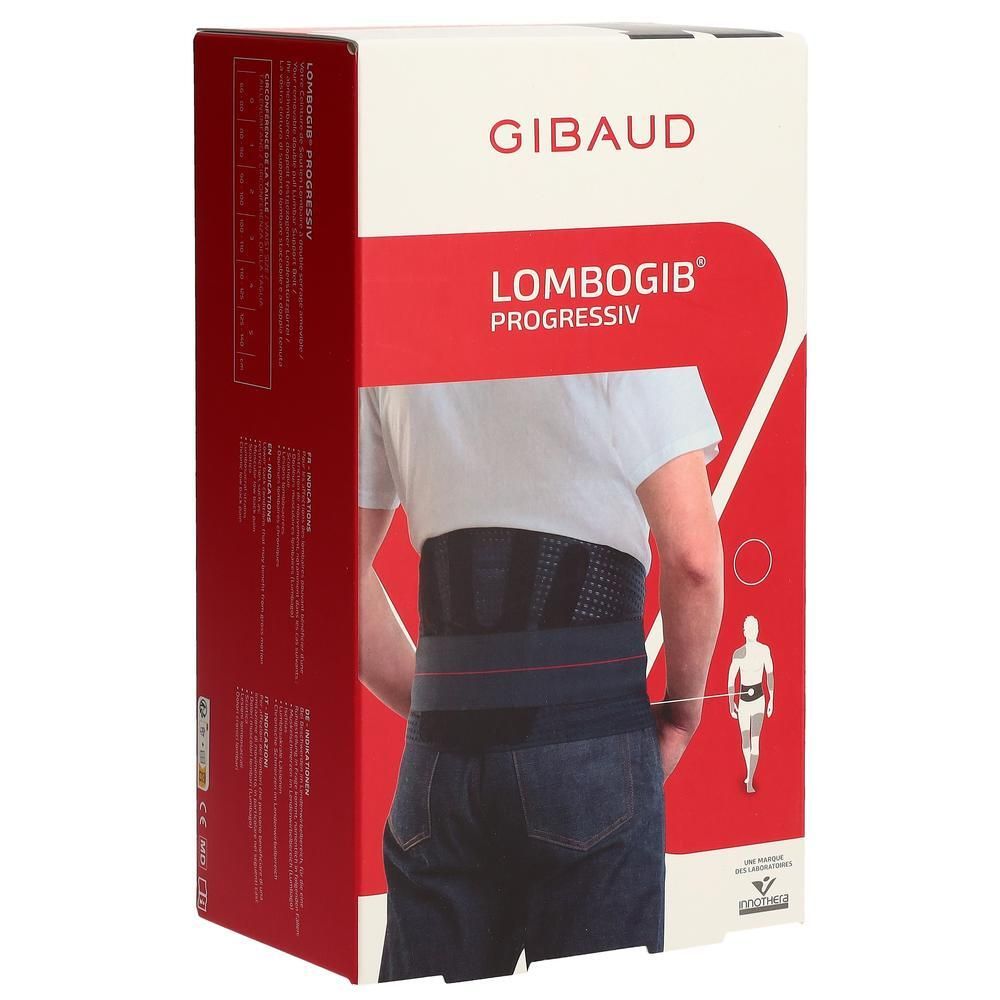 Verpackung von GIBAUD Lombogib Progressiv. Produktabbildung am Rücken eines Mannes. Text: Lombogib Progressiv, GIBAUD.