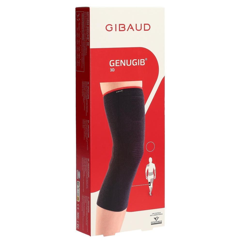 Kniebandage in Verpackung. Marke GIBAUD, Modell GENUGIB 3D. Schwarze Bandage mit rotem Rand. Größe 4.