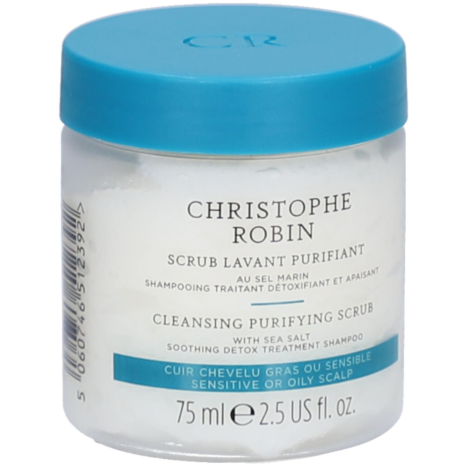 Pot avec couvercle bleu. Inscription: Christophe Robin, Cleansing Purifying Scrub, 75 ml.