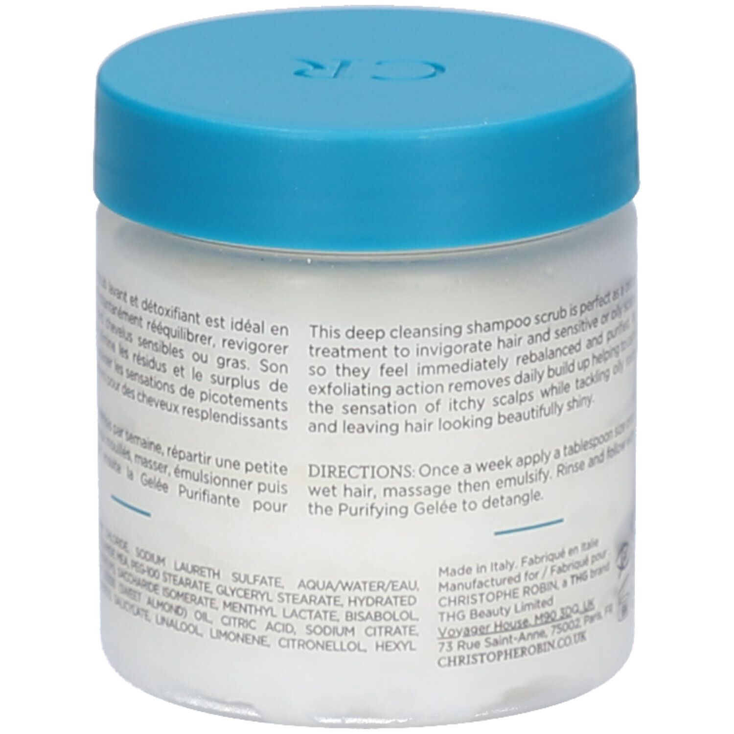 Pot avec couvercle bleu. Texte et ingrédients. Inscription: Christophe Robin, 75 ml.