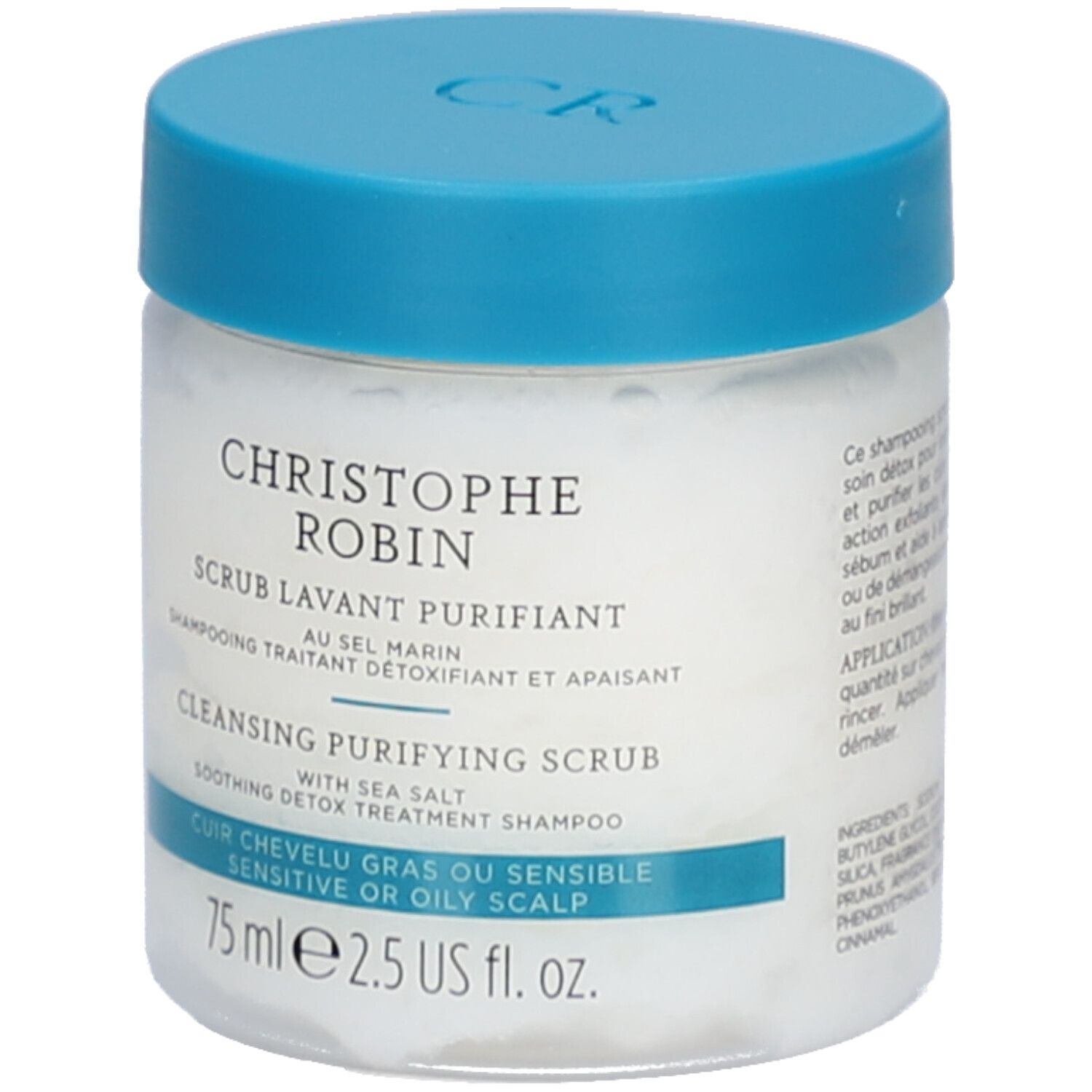 Pot avec couvercle bleu. Inscription: Christophe Robin, Cleansing Purifying Scrub, 75 ml.