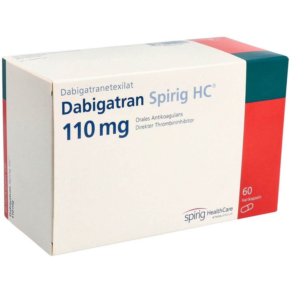 Verpackung von Dabigatran Spirig HC Kapseln. Aufschrift: 110 mg, 60 Hartkapseln. Marke: Spirig HealthCare.