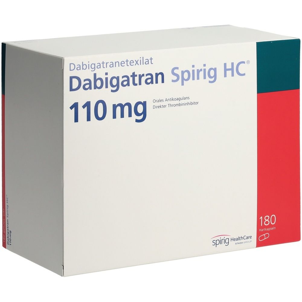 Dabigatran Spirig HC Kaps 110 mg Packung. Weiße Schachtel mit blauer und roter Akzentfarbe. 180 Kapseln.