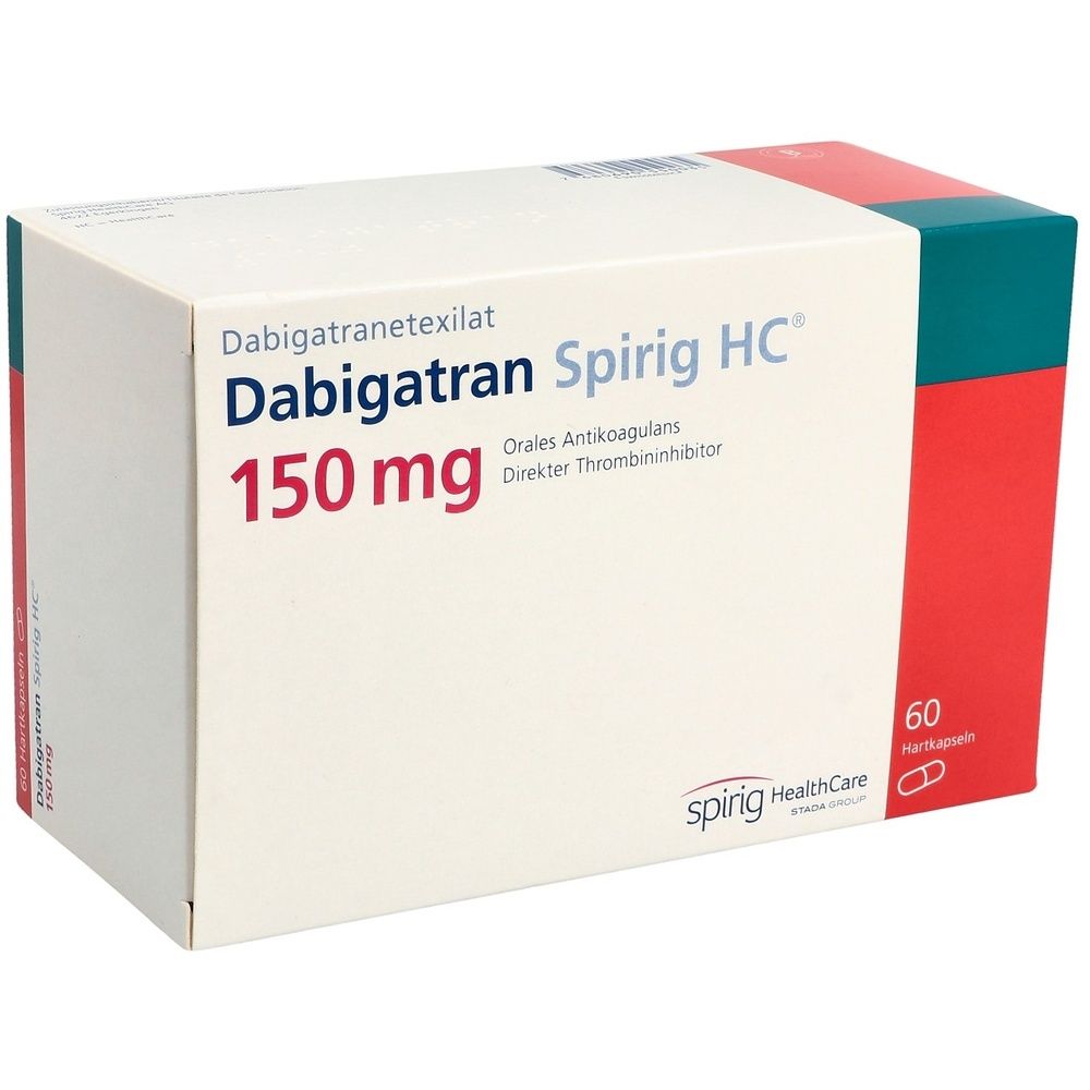 Weißer Karton mit roter und grüner Ecke. Aufschrift: Dabigatran Spirig HC 150 mg, 60 Hartkapseln. Logo: Spirig HealthCare.