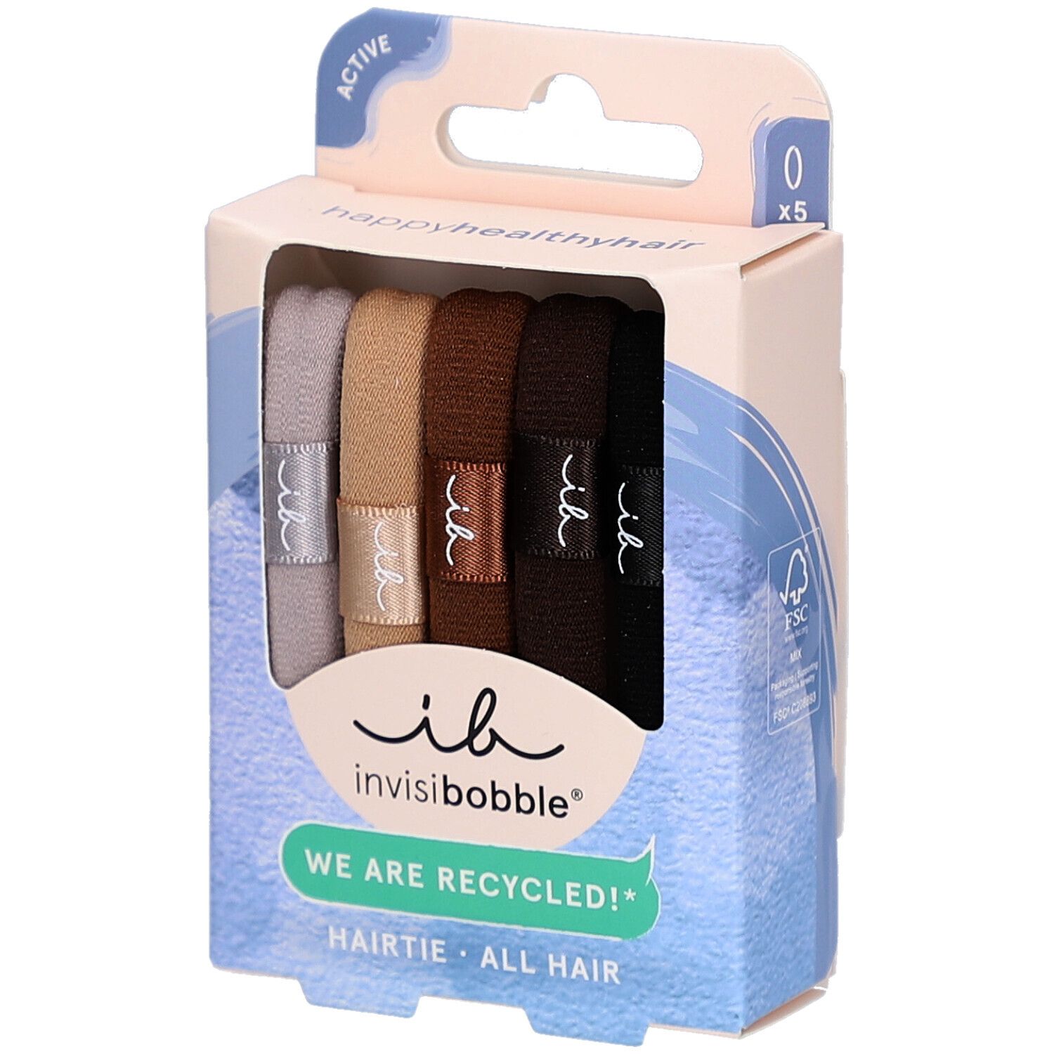 Paquet de cinq élastiques à cheveux bruns. Marque : Invisibobble. Inscription : "WE ARE RECYCLED!"