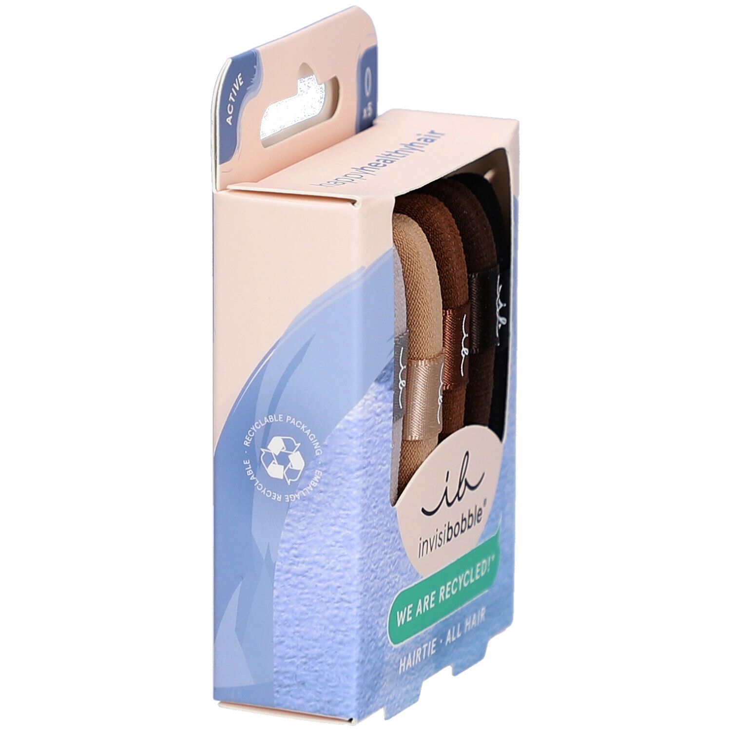 Paquet d'élastiques à cheveux bruns. Marque : Invisibobble. Inscription : "WE ARE RECYCLED!"