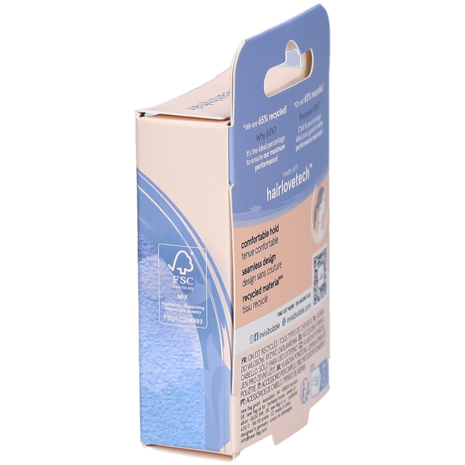 Côté du paquet avec logo FSC. Texte : "comfortable hold", "recycled material". Marque : Invisibobble.