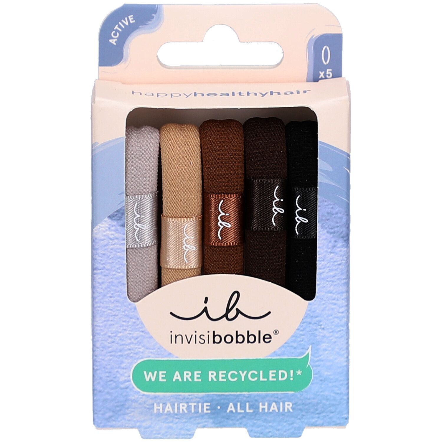 Paquet de cinq élastiques à cheveux bruns. Marque : Invisibobble. Inscription : "WE ARE RECYCLED!"