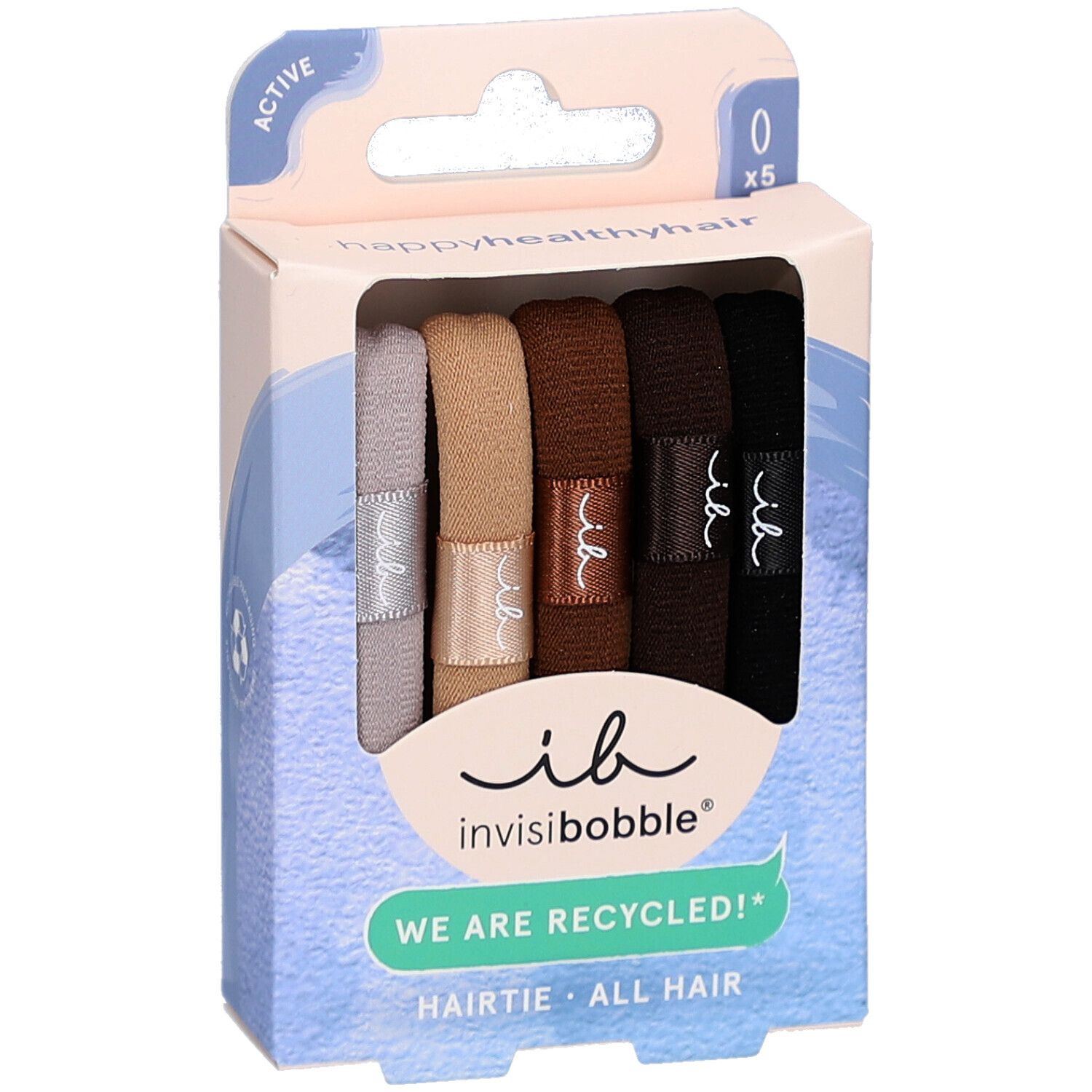Paquet de cinq élastiques à cheveux bruns. Marque : Invisibobble. Inscription : "WE ARE RECYCLED!"