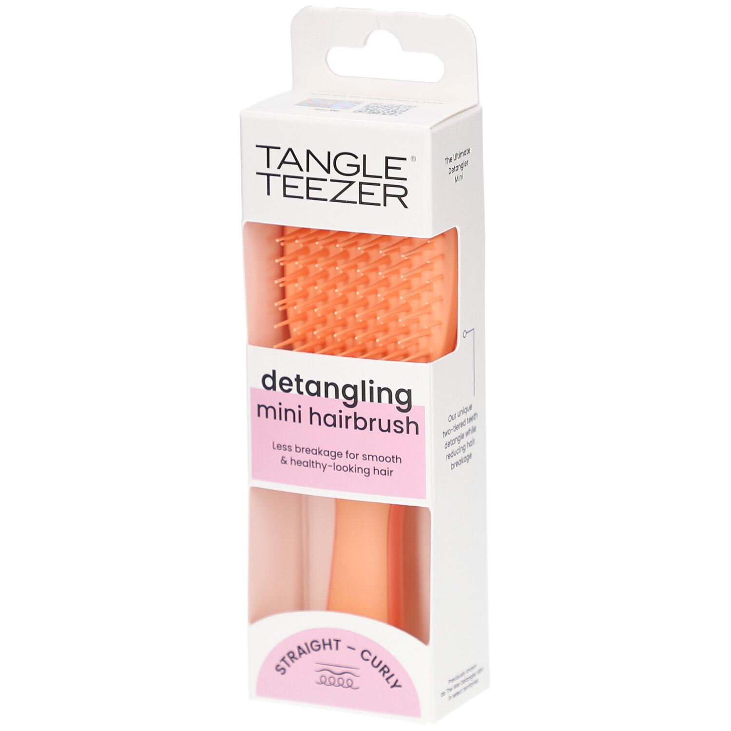 Brosse TANGLE TEEZER Wet Detangler Mini dans son emballage. Soies oranges, manche rose. Pour cheveux lisses et bouclés.