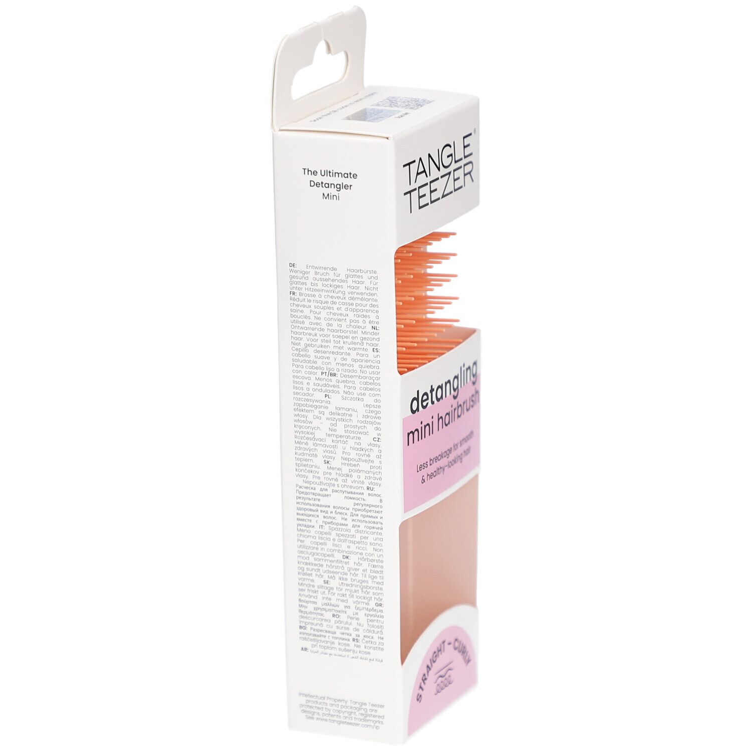 Brosse TANGLE TEEZER Wet Detangler Mini en emballage. Vue latérale. Texte sur l'emballage. Pour cheveux lisses et bouclés.