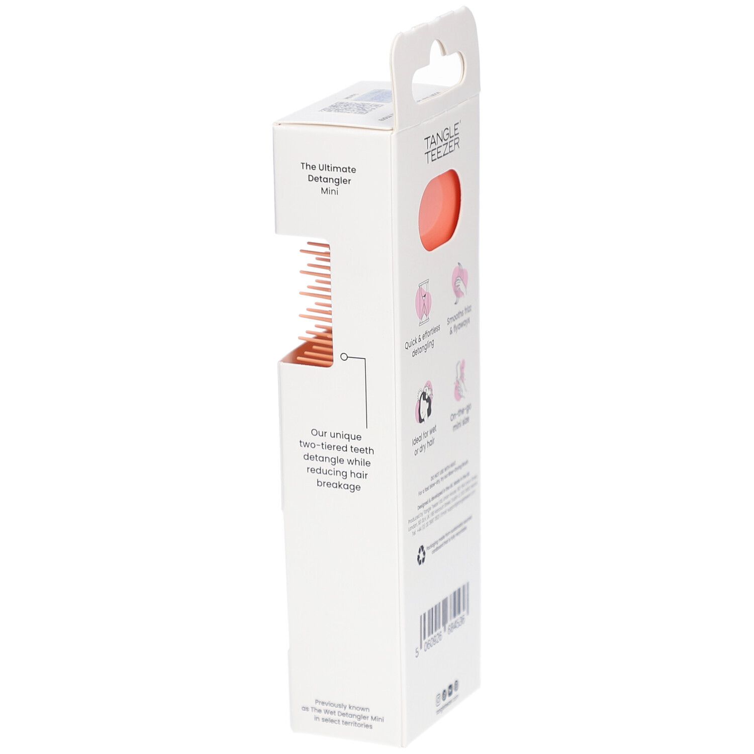 Brosse TANGLE TEEZER Wet Detangler Mini en emballage. Vue latérale. Informations sur le produit et logos.