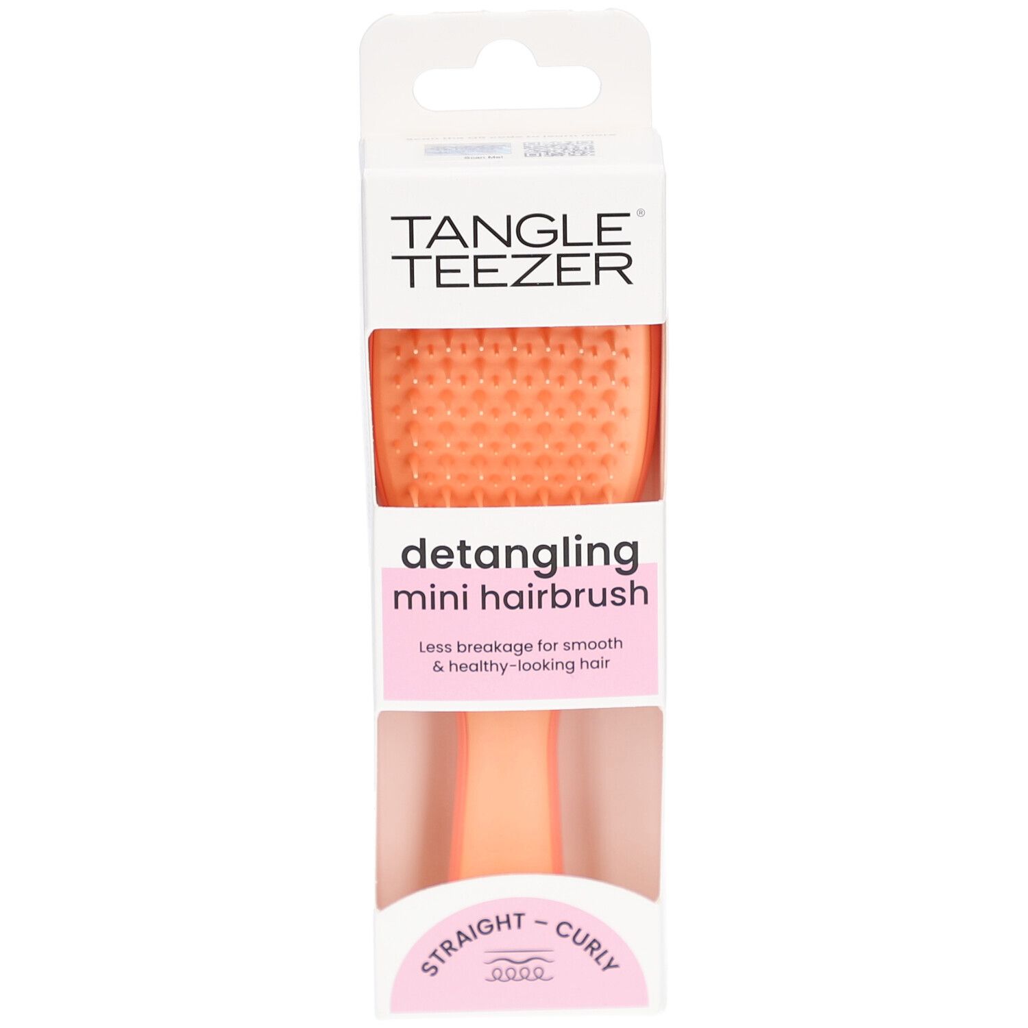 Brosse TANGLE TEEZER Wet Detangler Mini en emballage. Vue de face. Soies oranges, manche rose. Pour cheveux lisses et bouclés.