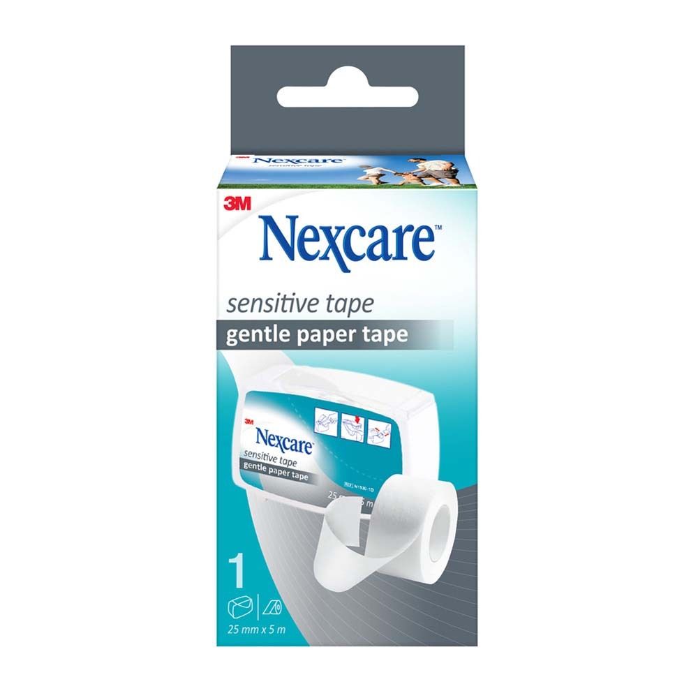 Verpackung von Nexcare Sensitive Tape. Weißer Karton mit Logo und Produktabbildung. Größe: 25 mm x 5 m.
