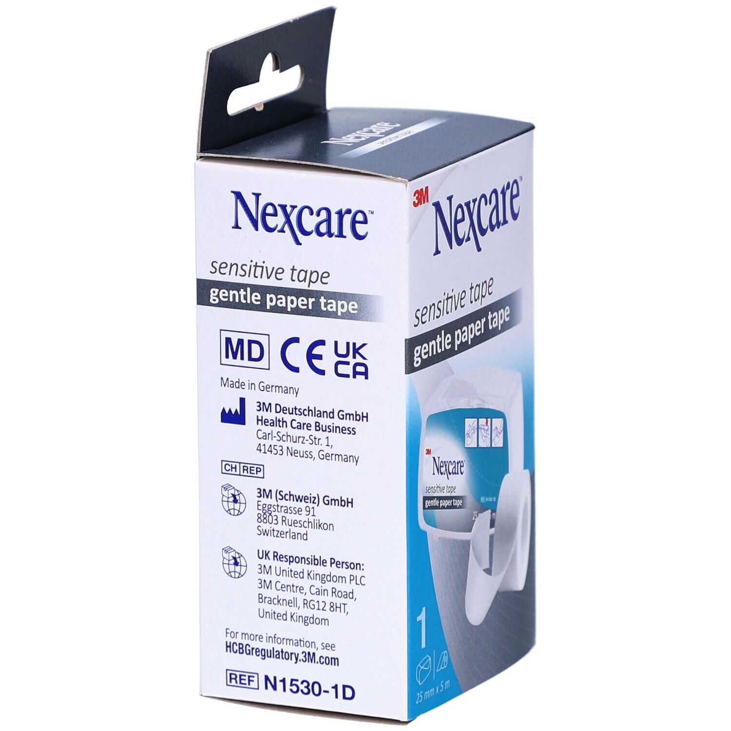 Boîte de Nexcare sensitive tape, vue latérale. Inscriptions : Nexcare, sensitive tape, MD, CE, UK CA, 25mm x 5m.