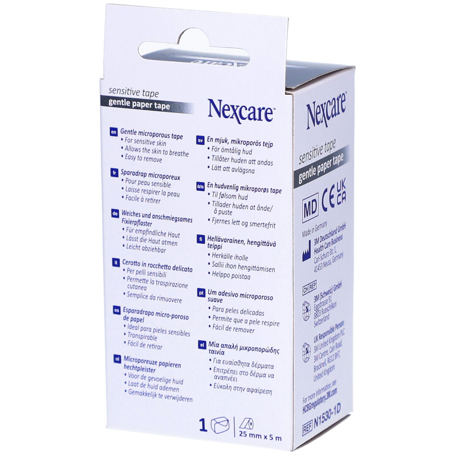 Dos de la boîte Nexcare sensitive tape. Informations multilingues. Inscriptions : Nexcare, sensitive tape, 25mm x 5m.