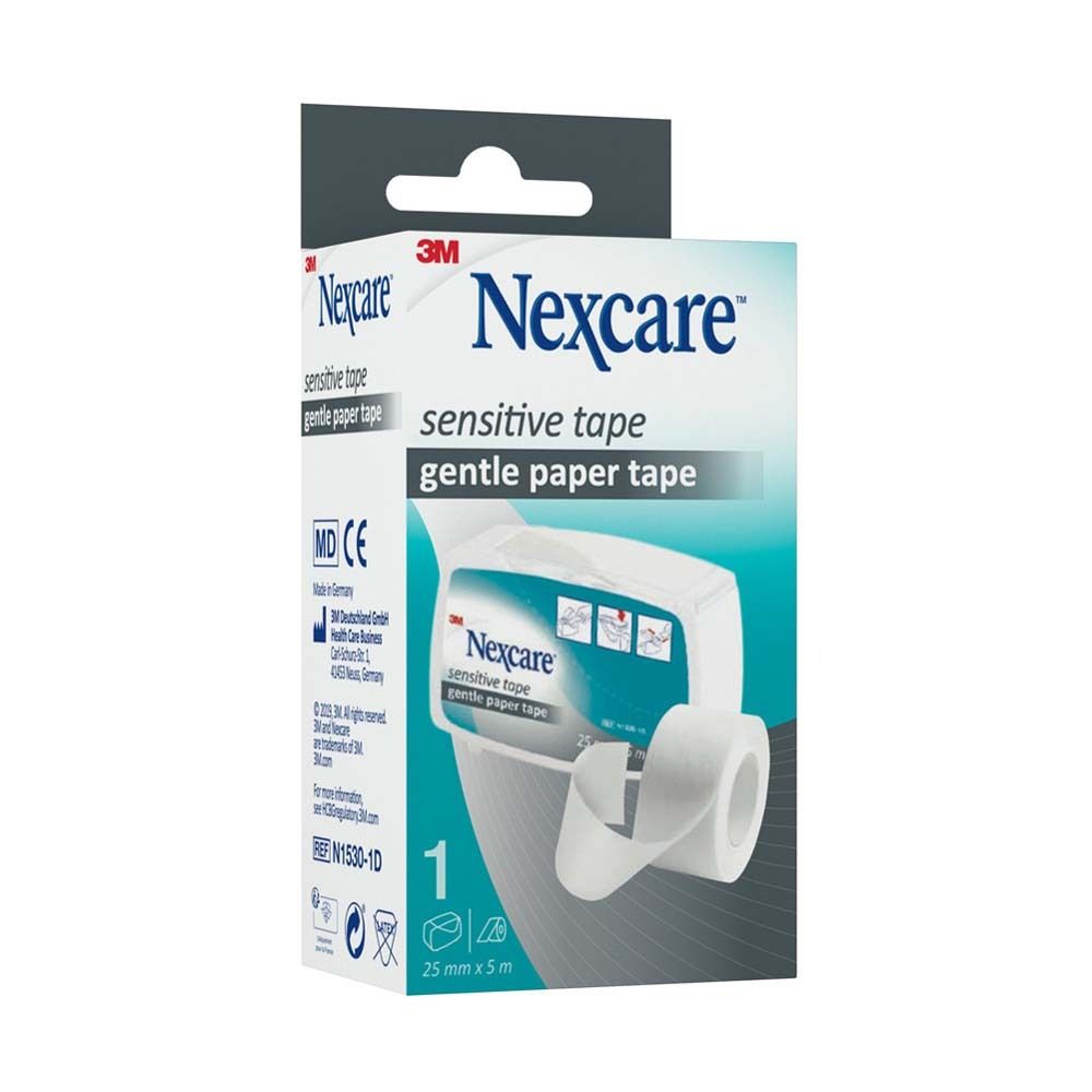 Verpackung von Nexcare Sensitive Tape. Weißer Karton mit Logo und Produktabbildung. Größe: 25 mm x 5 m.
