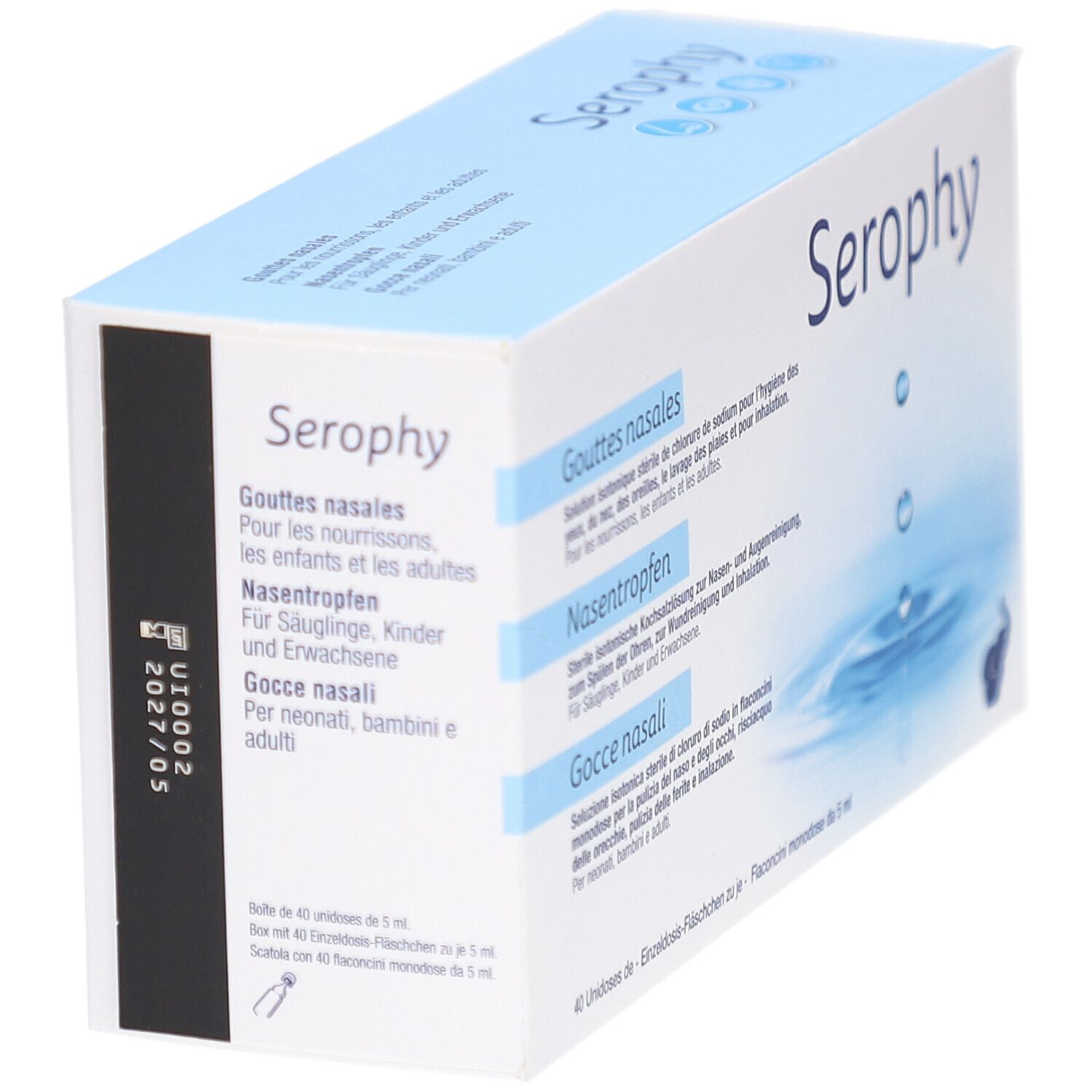 Vue en biais de l'emballage Serophy. Inscriptions: gouttes nasales, Nasentropfen, Gocce nasali. Design bleu et blanc.