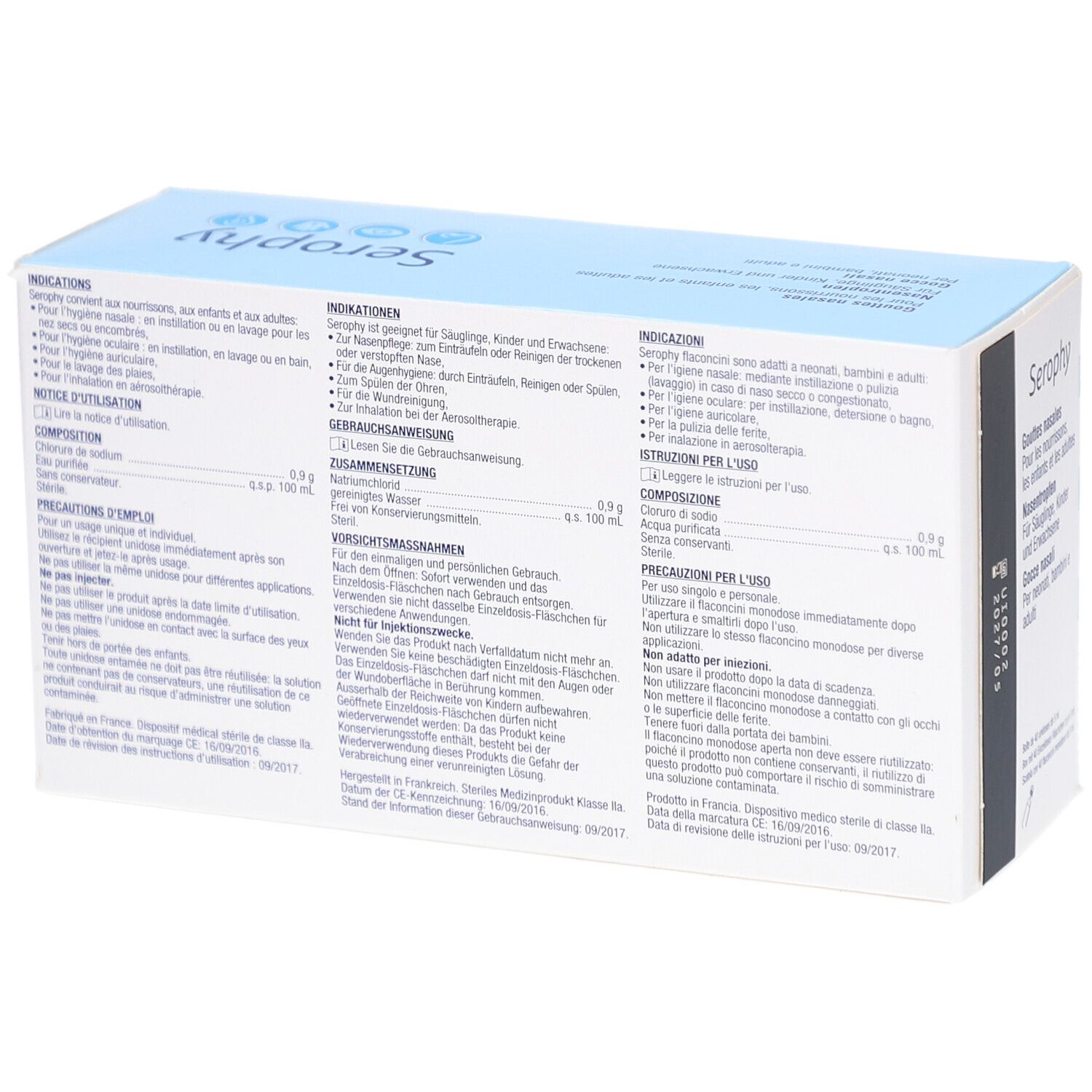 Dos de l'emballage Serophy. Texte en allemand, français et italien. Contient des informations sur l'utilisation.