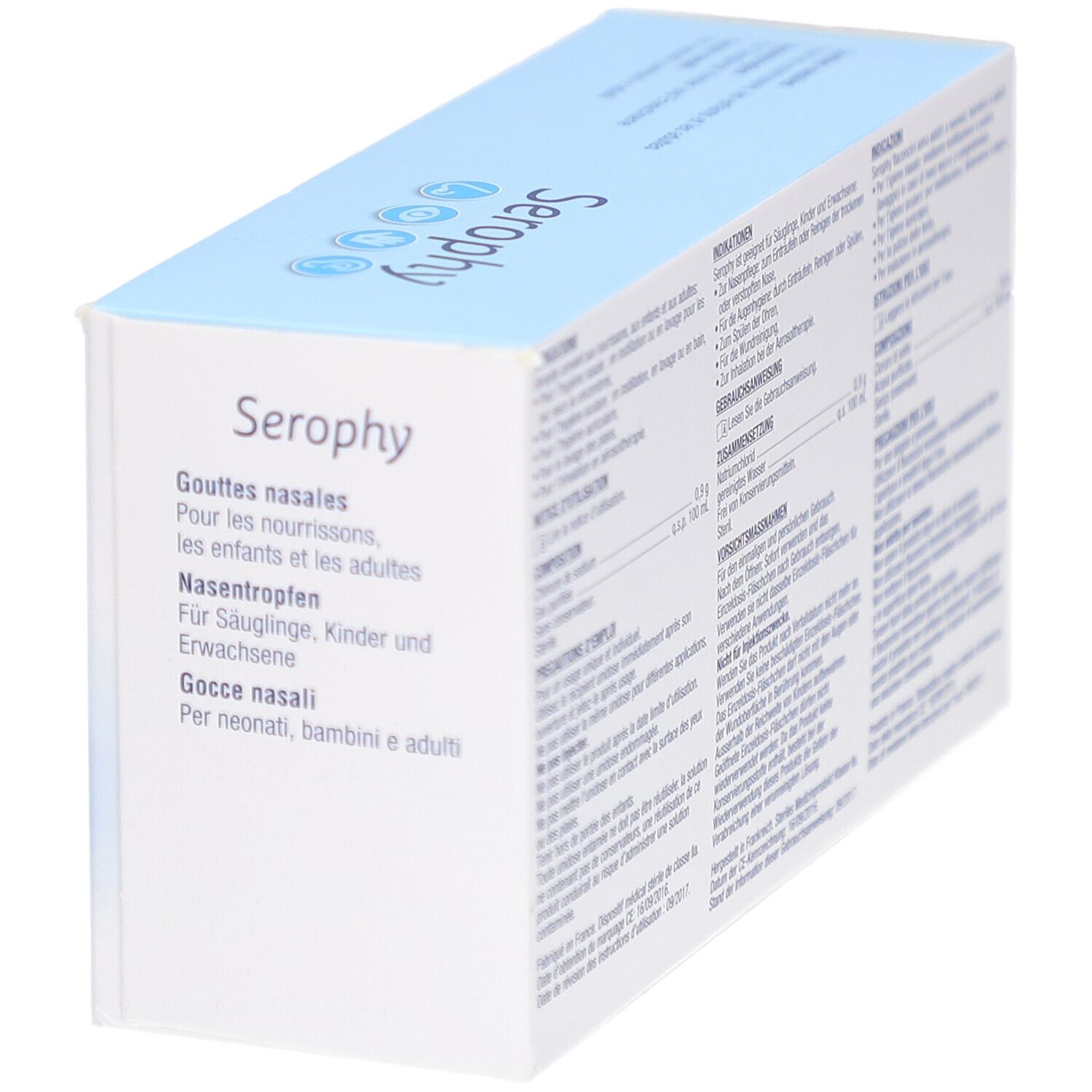 Vue en biais de l'emballage Serophy. Inscriptions: gouttes nasales, Nasentropfen, Gocce nasali. Texte en plusieurs langues.