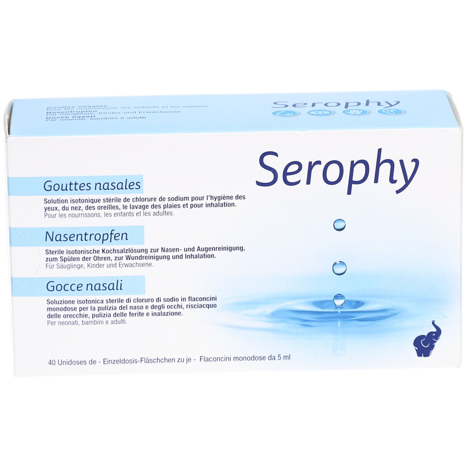 Boîte Serophy. Inscriptions: gouttes nasales, Nasentropfen, Gocce nasali. Design bleu et blanc. Illustration de gouttes.