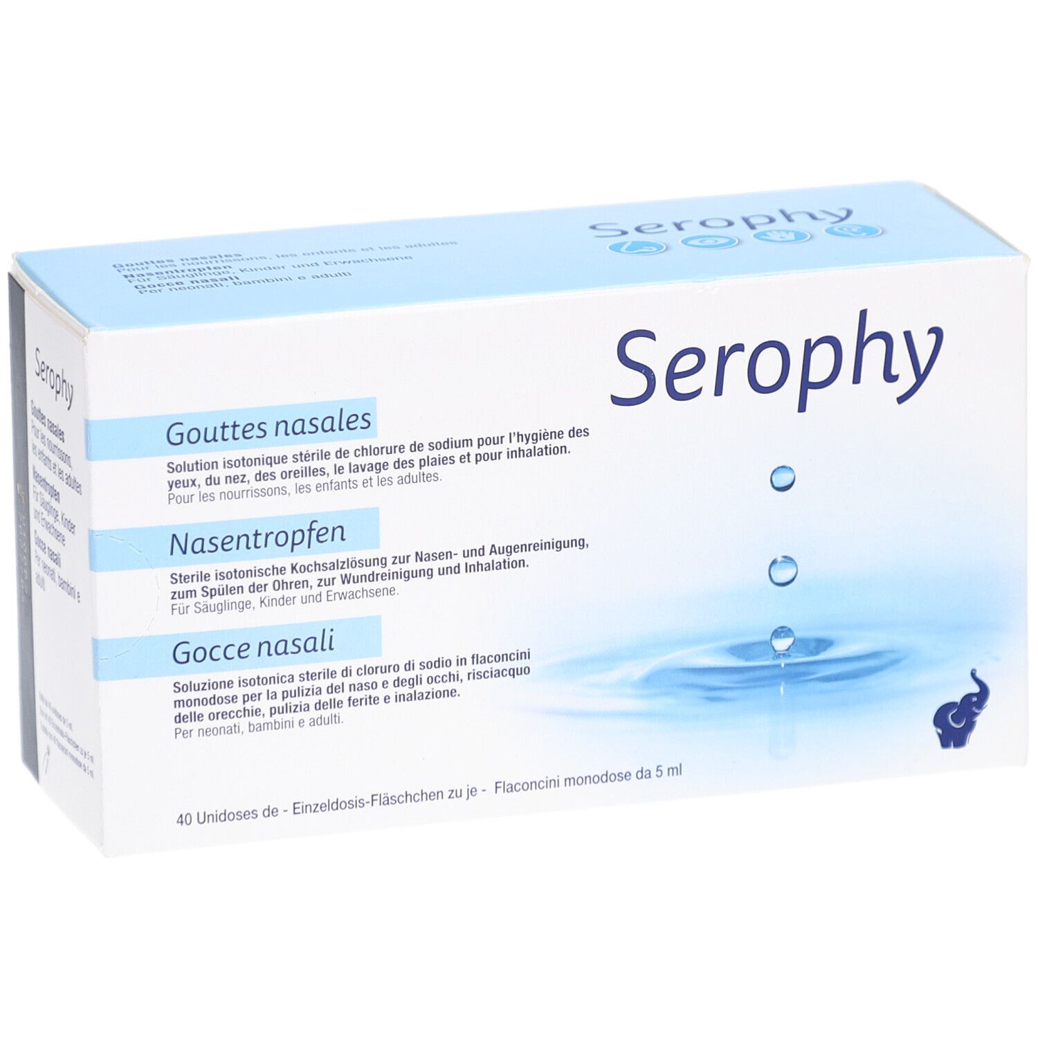 Boîte Serophy. Inscriptions: gouttes nasales, Nasentropfen, Gocce nasali. Design bleu et blanc. Illustration de gouttes.