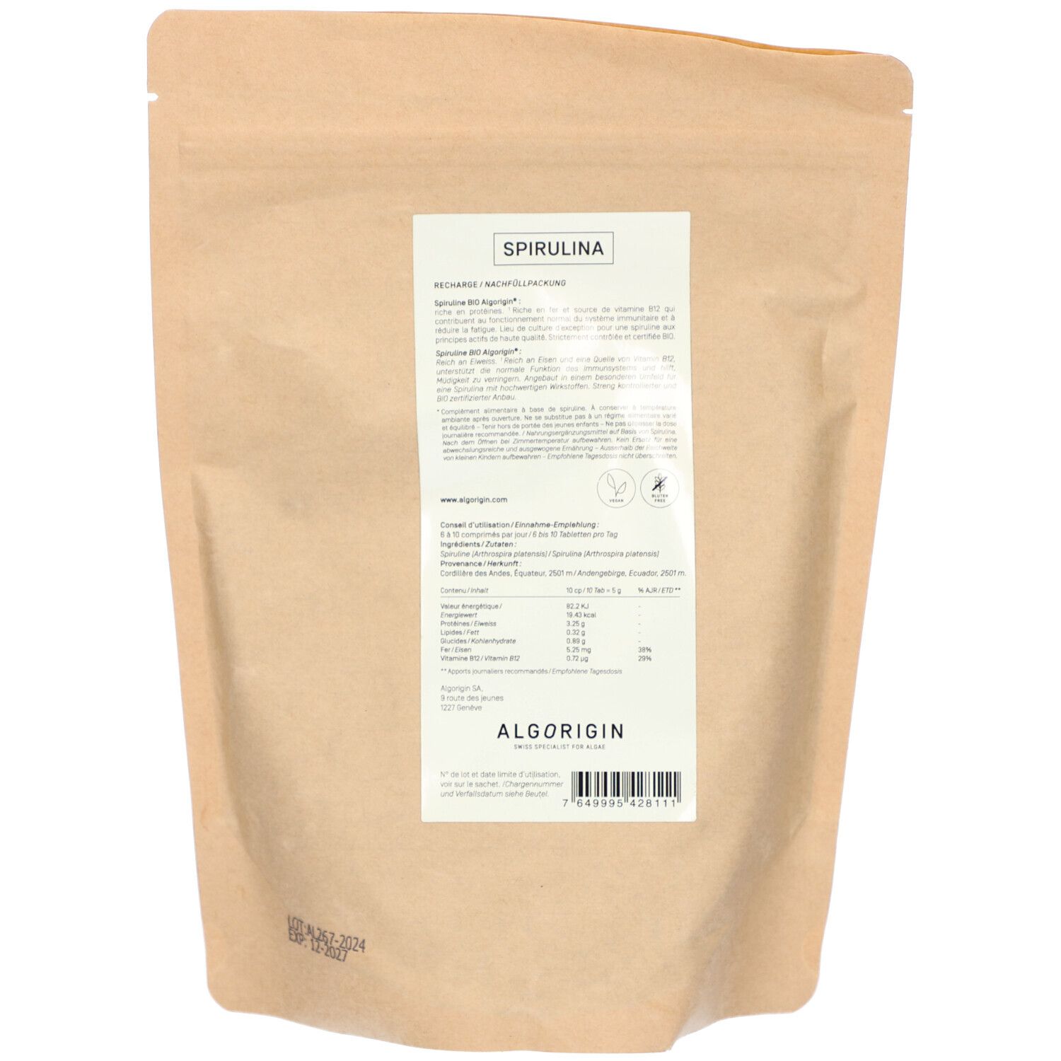 Rückseite des Spirulina-Beutels. Etikett mit Produktinformationen, Nährwertangaben und ALGORIGIN-Logo. Braune Verpackung.