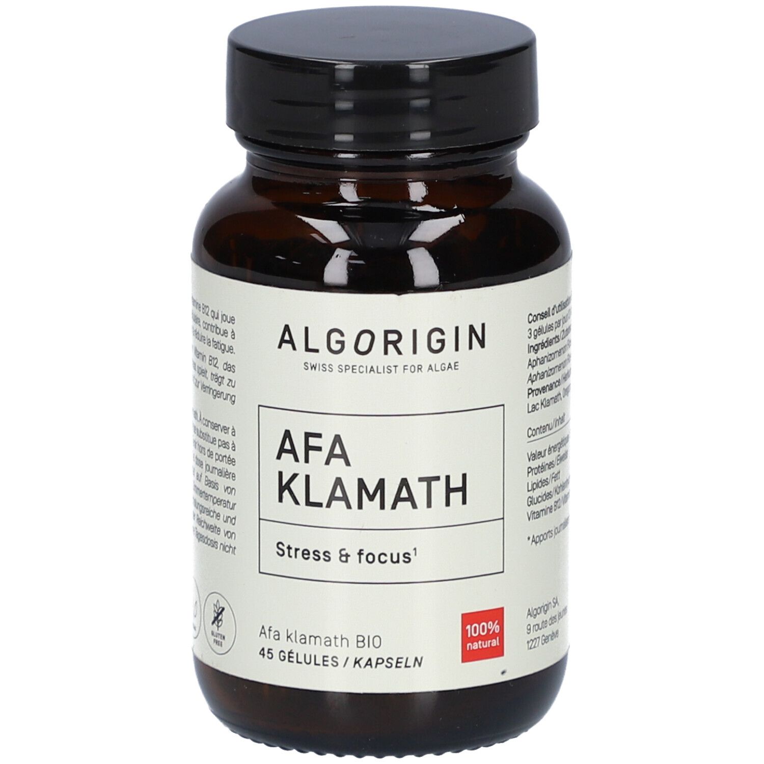 Flacon en verre brun, bouchon noir. Étiquette "ALGORIGIN AFA Klamath", 45 gélules, 100% naturel.