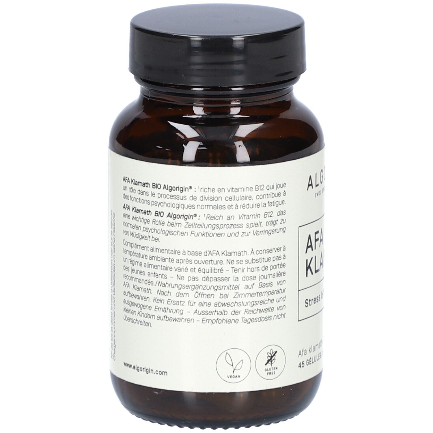 Dos du flacon. Texte sur AFA Klamath BIO, ingrédients, conseils de conservation et avertissements.