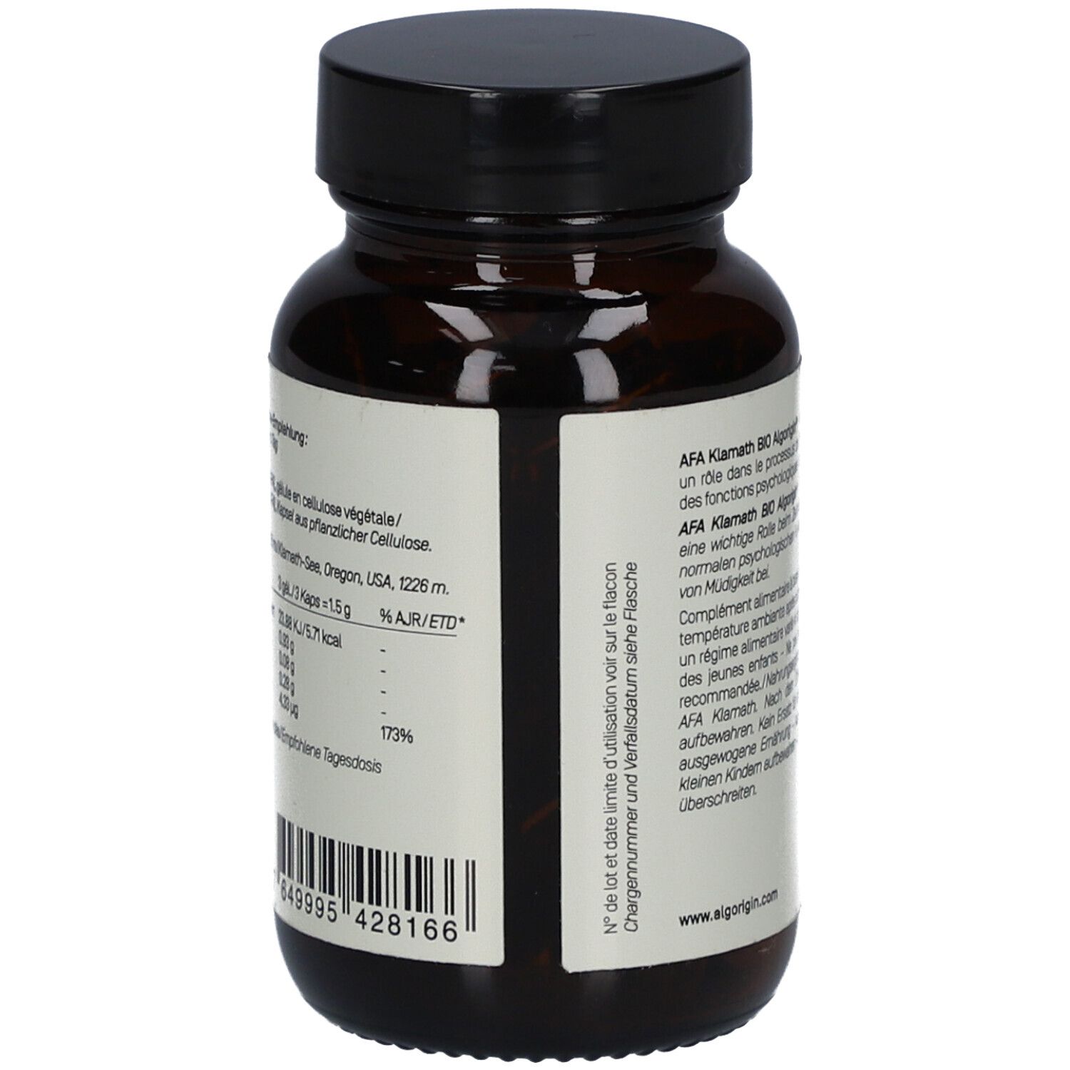 Dos du flacon. Texte avec informations nutritionnelles, ingrédients, numéro de lot et date de péremption.