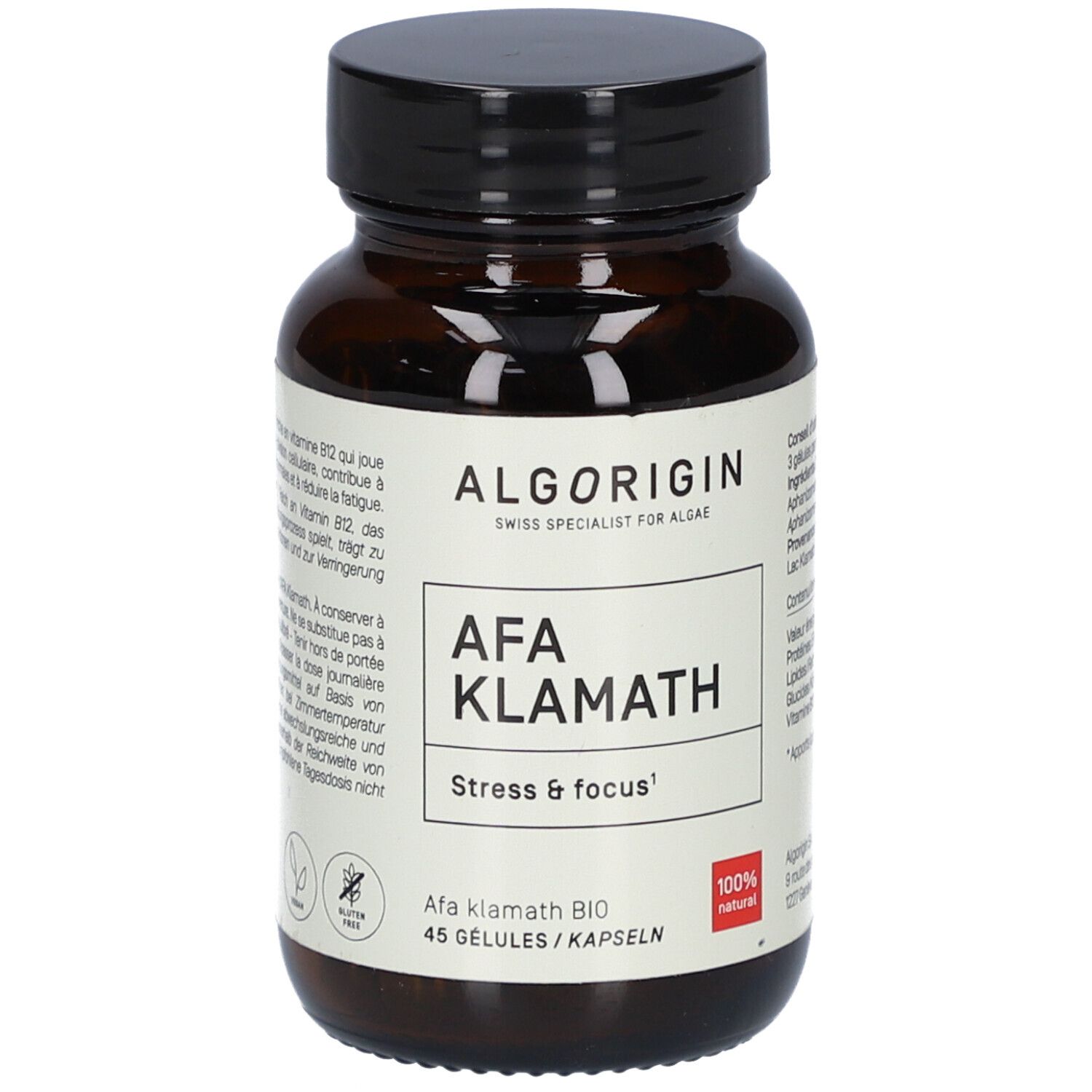 Flacon en verre brun, bouchon noir. Étiquette "ALGORIGIN AFA Klamath", 45 gélules, 100% naturel.