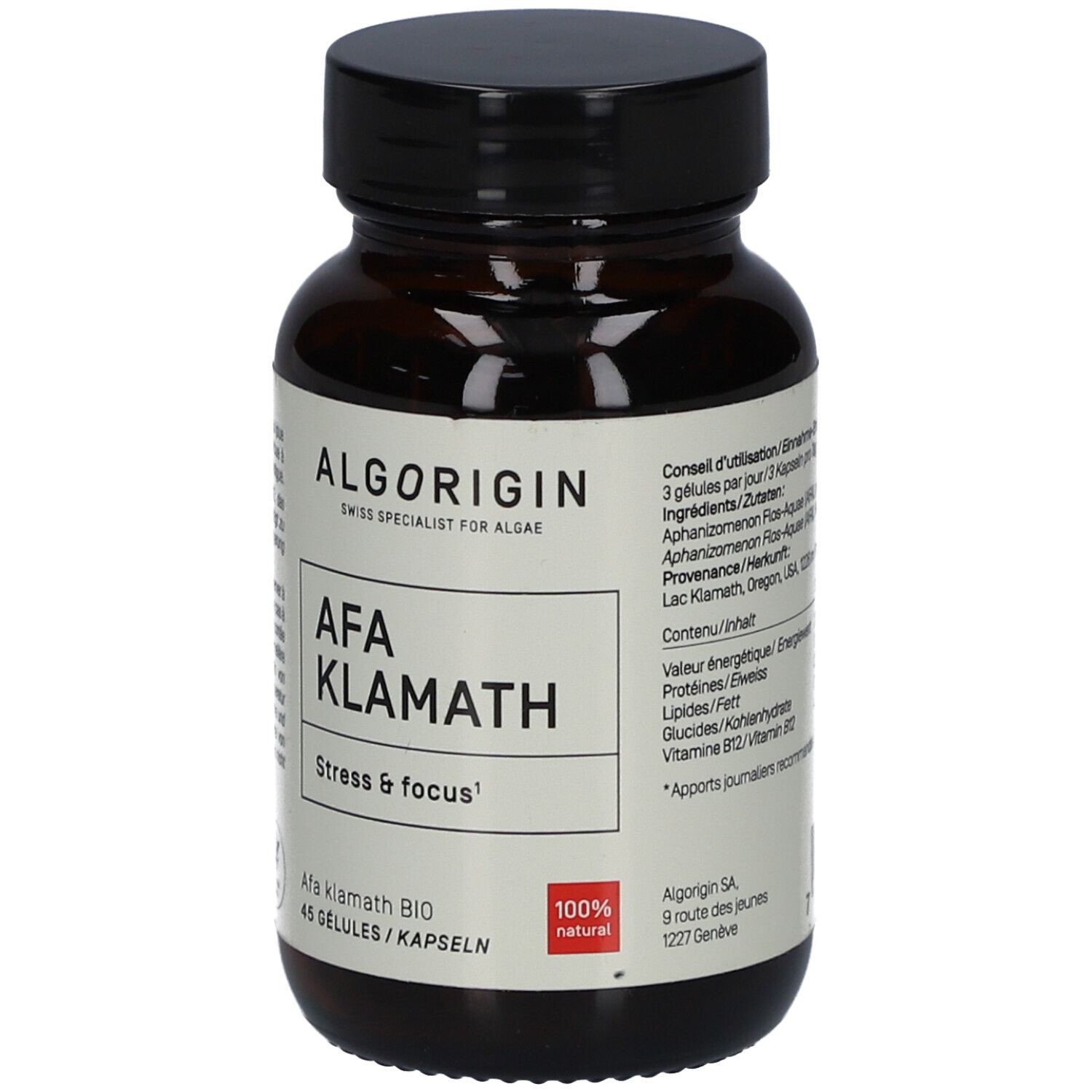 Flacon en verre brun, bouchon noir. Étiquette "ALGORIGIN AFA Klamath", 45 gélules, 100% naturel.