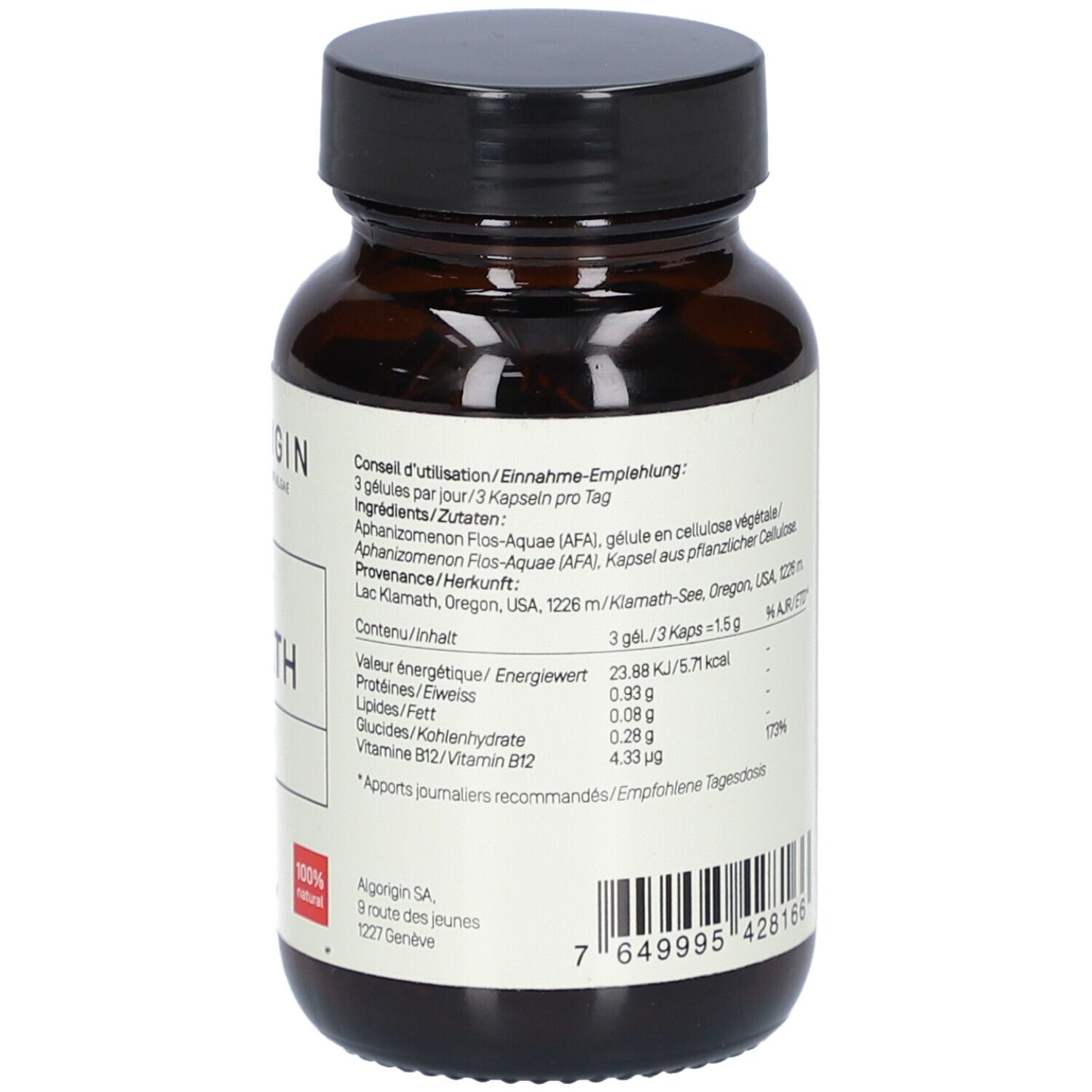 Dos du flacon. Texte avec conseils d'utilisation, ingrédients, informations nutritionnelles et adresse du fabricant.