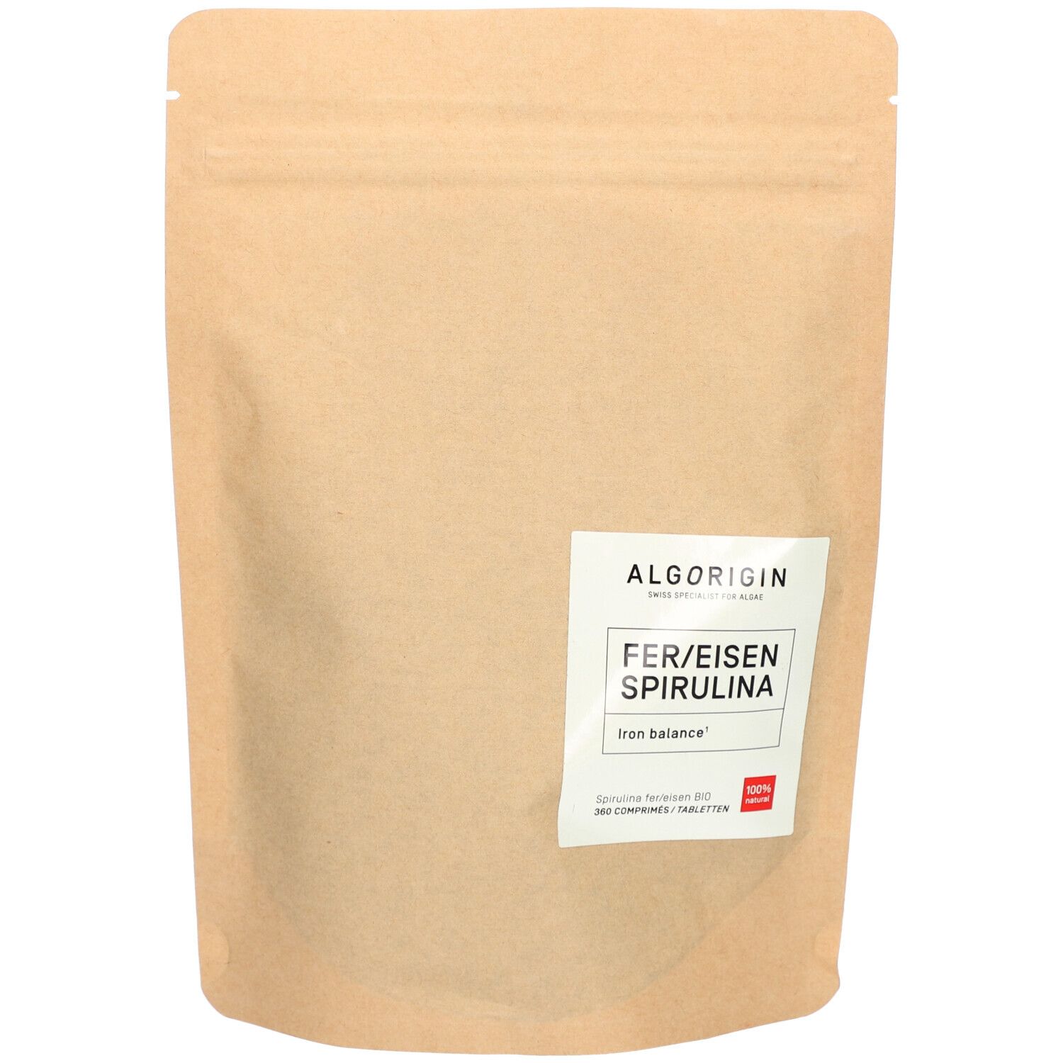 Beutel mit ALGORIGIN Spirulina Eisen Tabletten. Weißes Etikett mit Produktinformationen. Braune Verpackung.