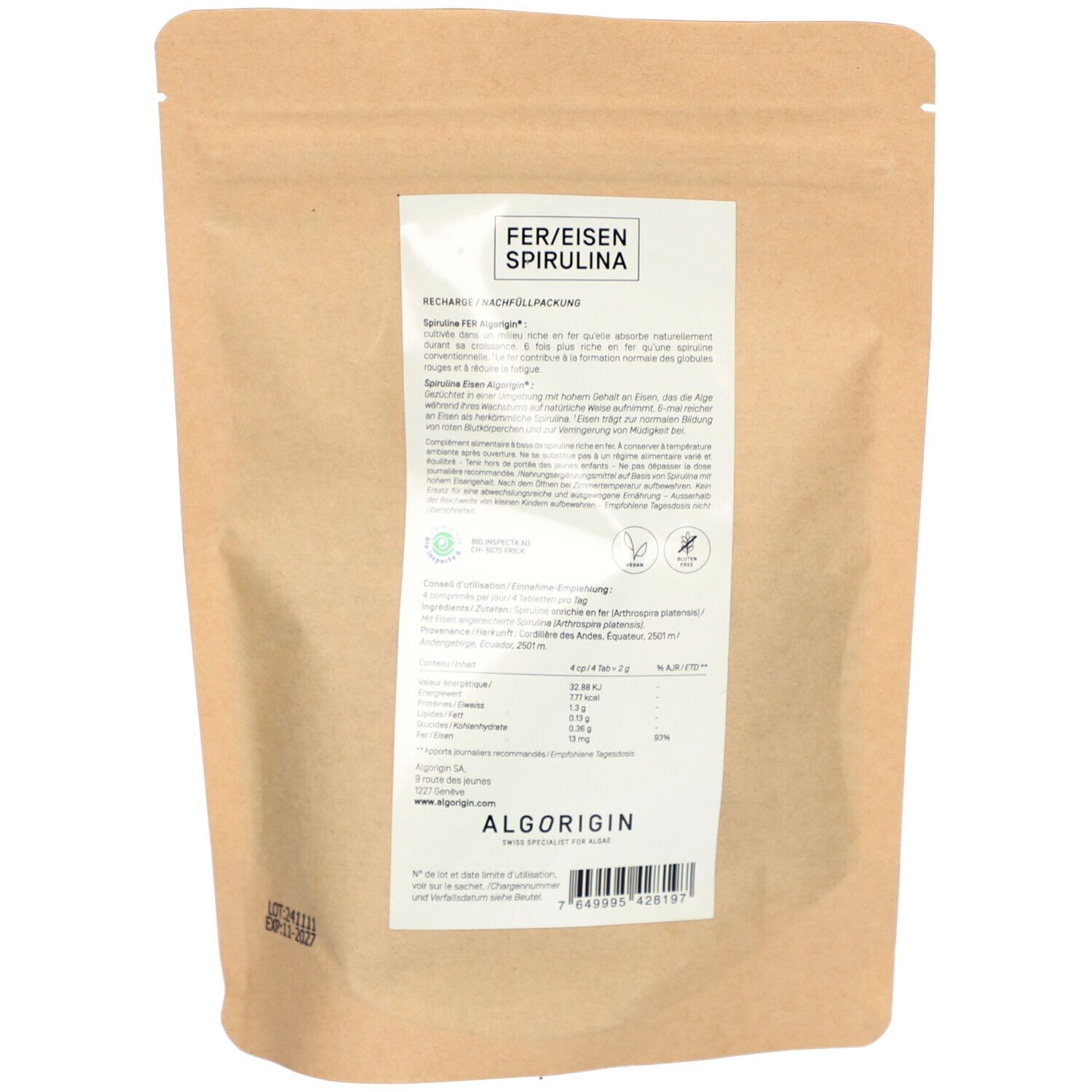 Rückseite der ALGORIGIN Spirulina Eisen Tabletten Verpackung. Enthält Produktinformationen und Nährwertangaben.