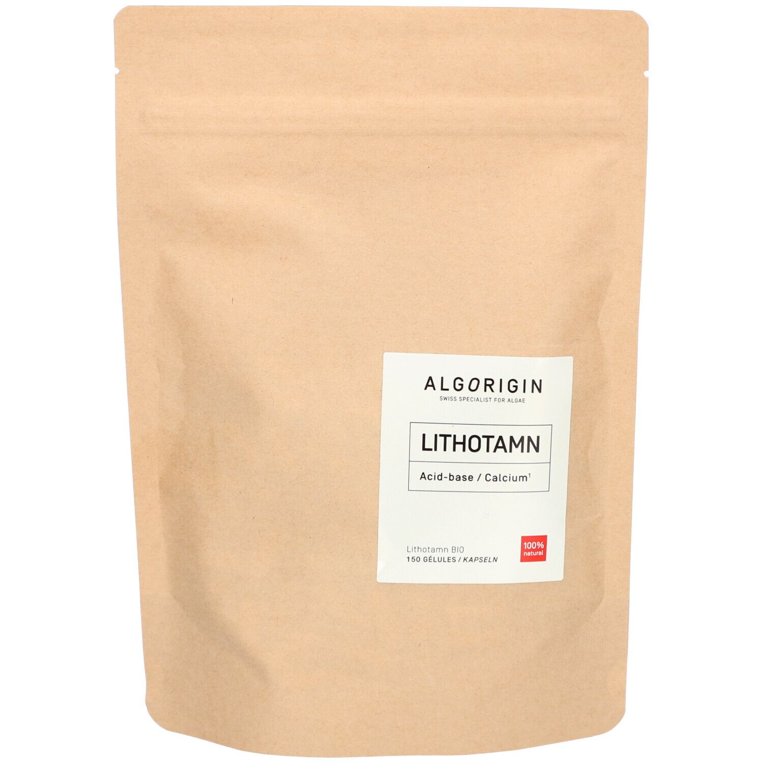 Beige Standbeutel mit Etikett. Aufschrift: ALGORIGIN, LITHOTAMN, Acid-base / Calcium. 150 Kapseln.