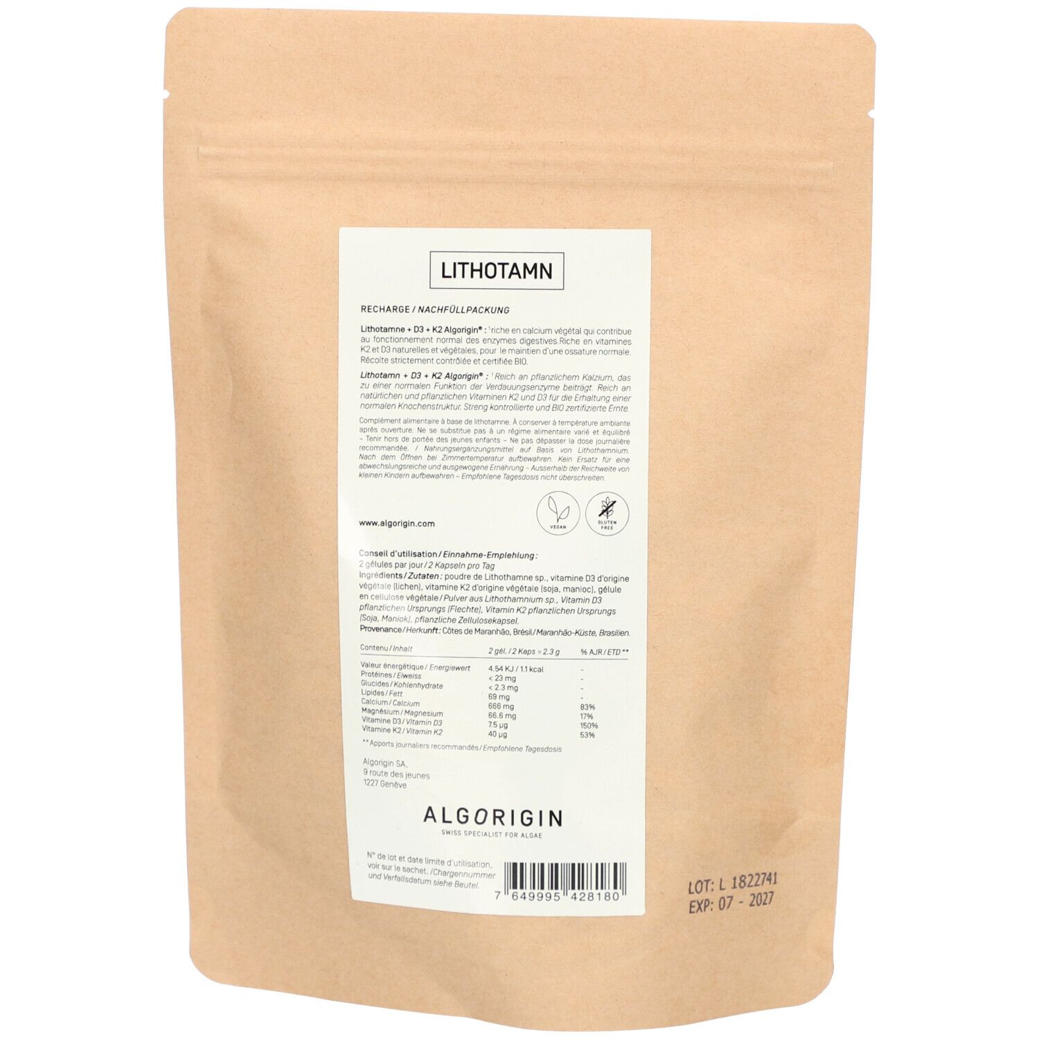 Rückseite des Beutels. Text: LITHOTAMN, RECHARGE/NACHFÜLLUNG. Enthält Informationen zu Inhaltsstoffen und Nährwerten.