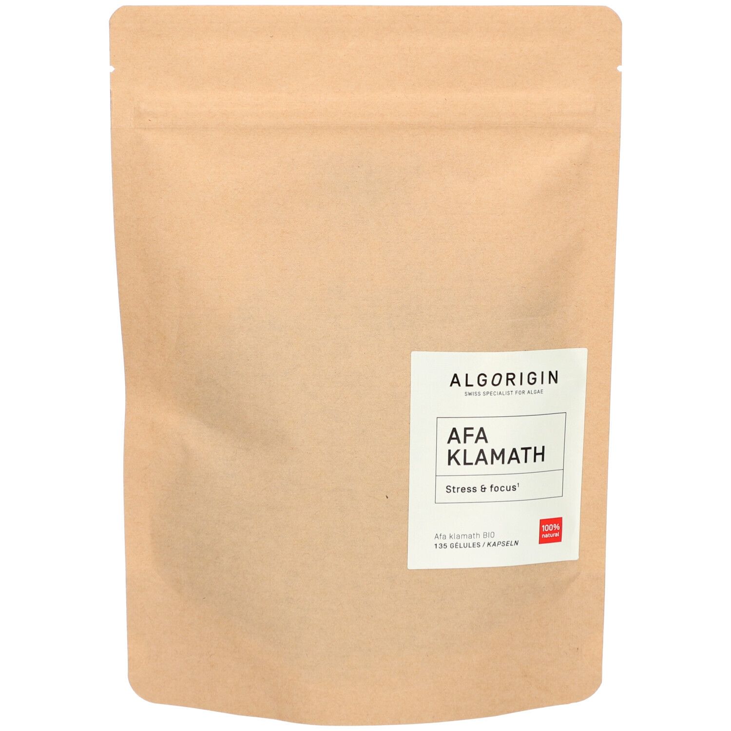 Sachet avec étiquette blanche. Inscription: ALGORIGIN, AFA Klamath, Stress & Focus. 135 gélules.