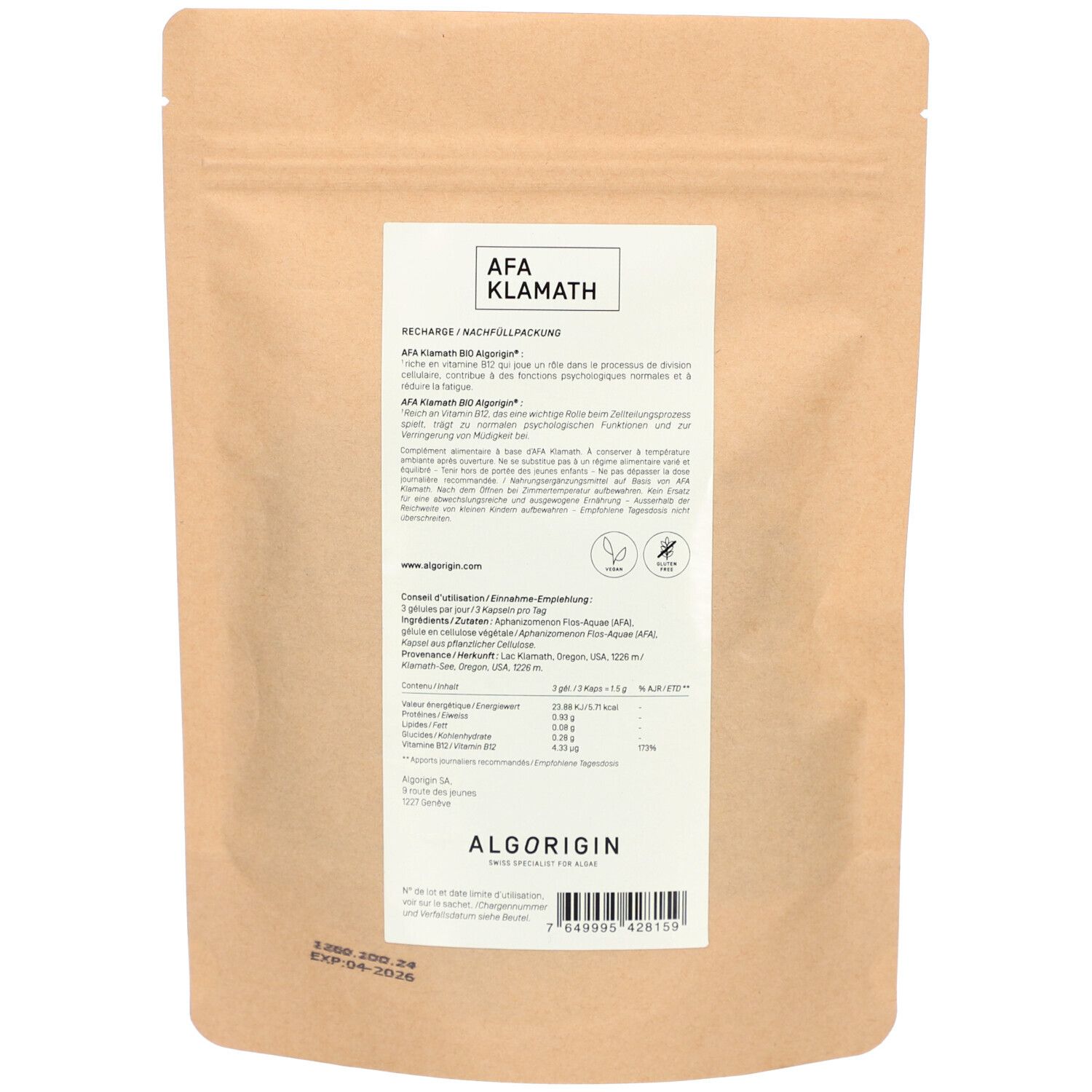 Dos du sachet. Étiquette blanche avec texte et informations nutritionnelles. Marque: ALGORIGIN. Texte en allemand et français.