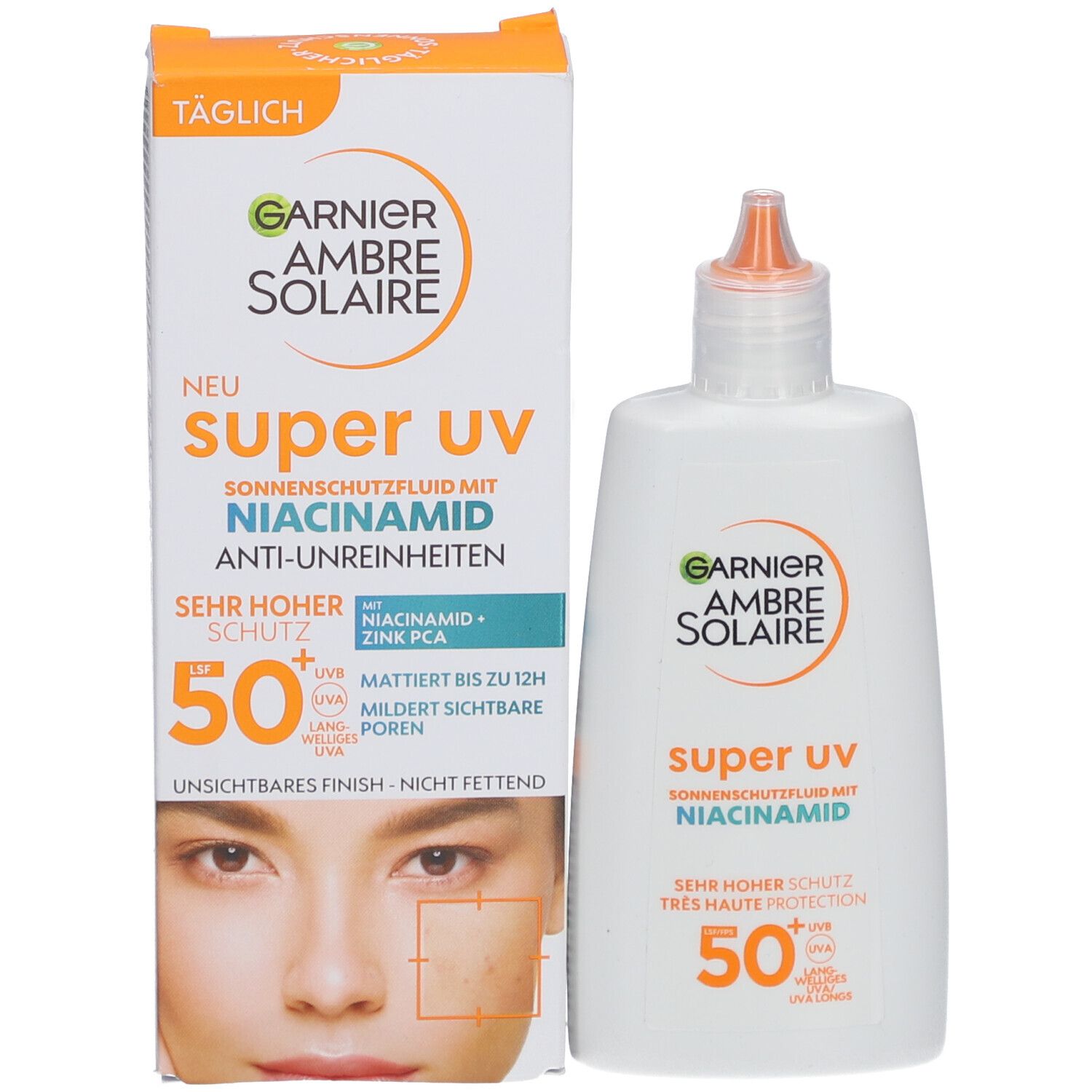 Produktverpackung und Flasche. Garnier Ambre Solaire Super UV Fluid mit SPF50+ und Niacinamid. Verpackung mit Gesicht.