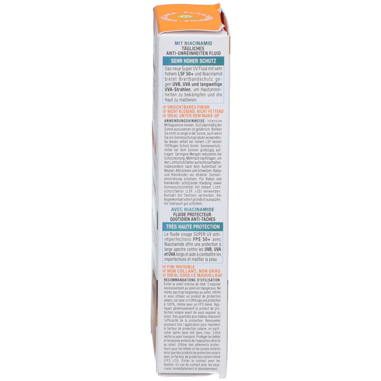 Seite der Produktverpackung. Text mit Informationen und Anweisungen. Garnier-Logo und Kontaktinformationen.