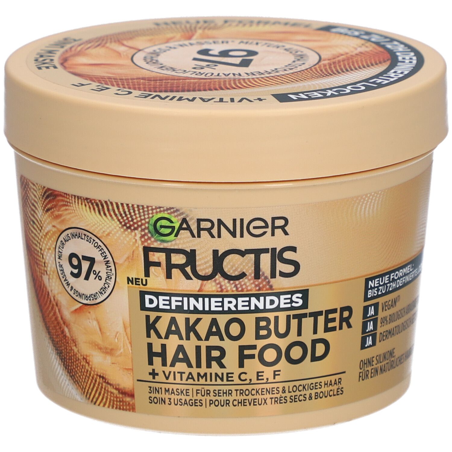 Pot beige Garnier Fructis Hair Food. Inscription: Beurre de cacao, Hair Food, masque 3 en 1. 97% d'ingrédients d'origine naturelle.