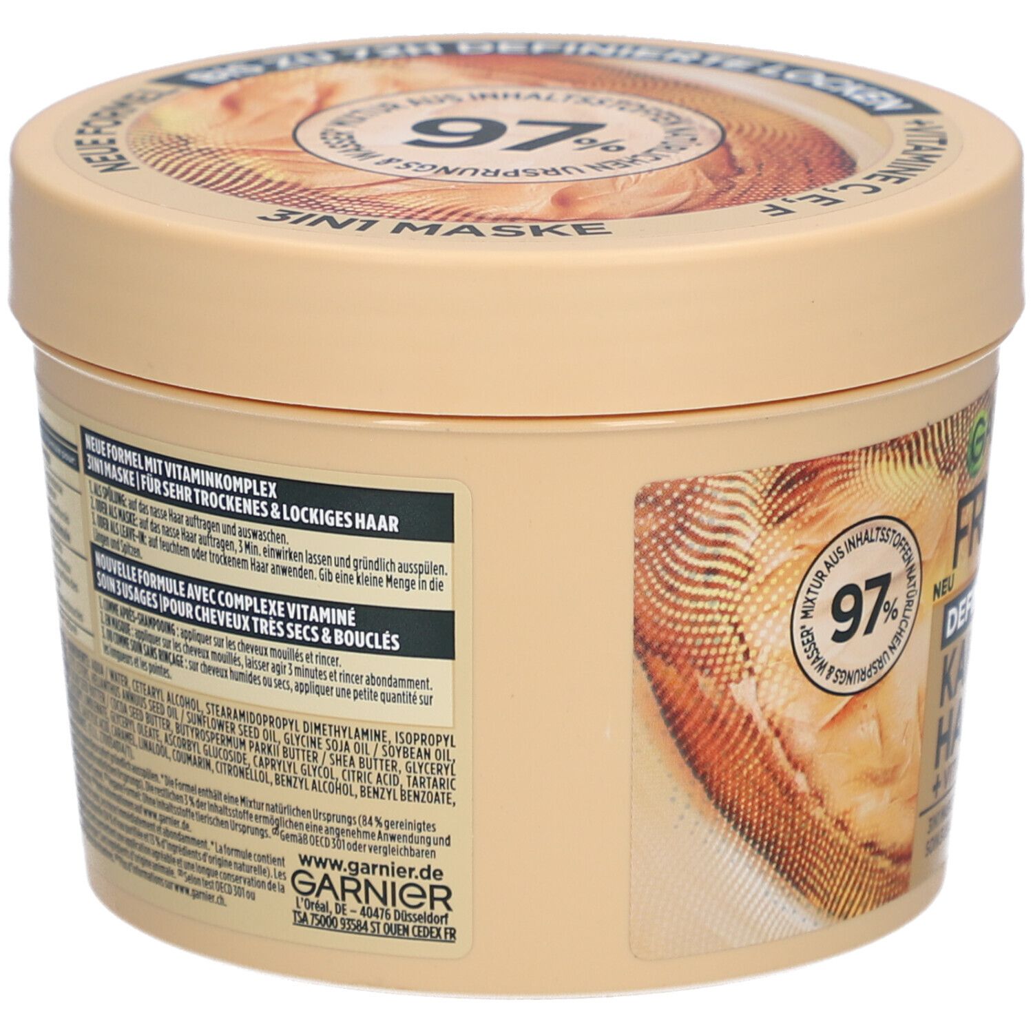 Pot beige Garnier Fructis Hair Food. Dos avec ingrédients et informations. 97% ingrédients d'origine naturelle. Vegan.