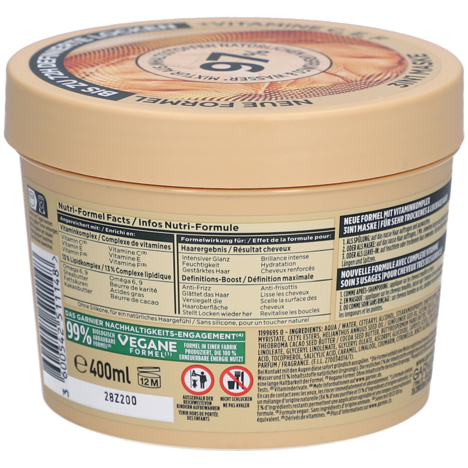 Pot beige Garnier Fructis Hair Food. Dos avec ingrédients et informations. Vegan. 400ml. 99% ingrédients d'origine naturelle.