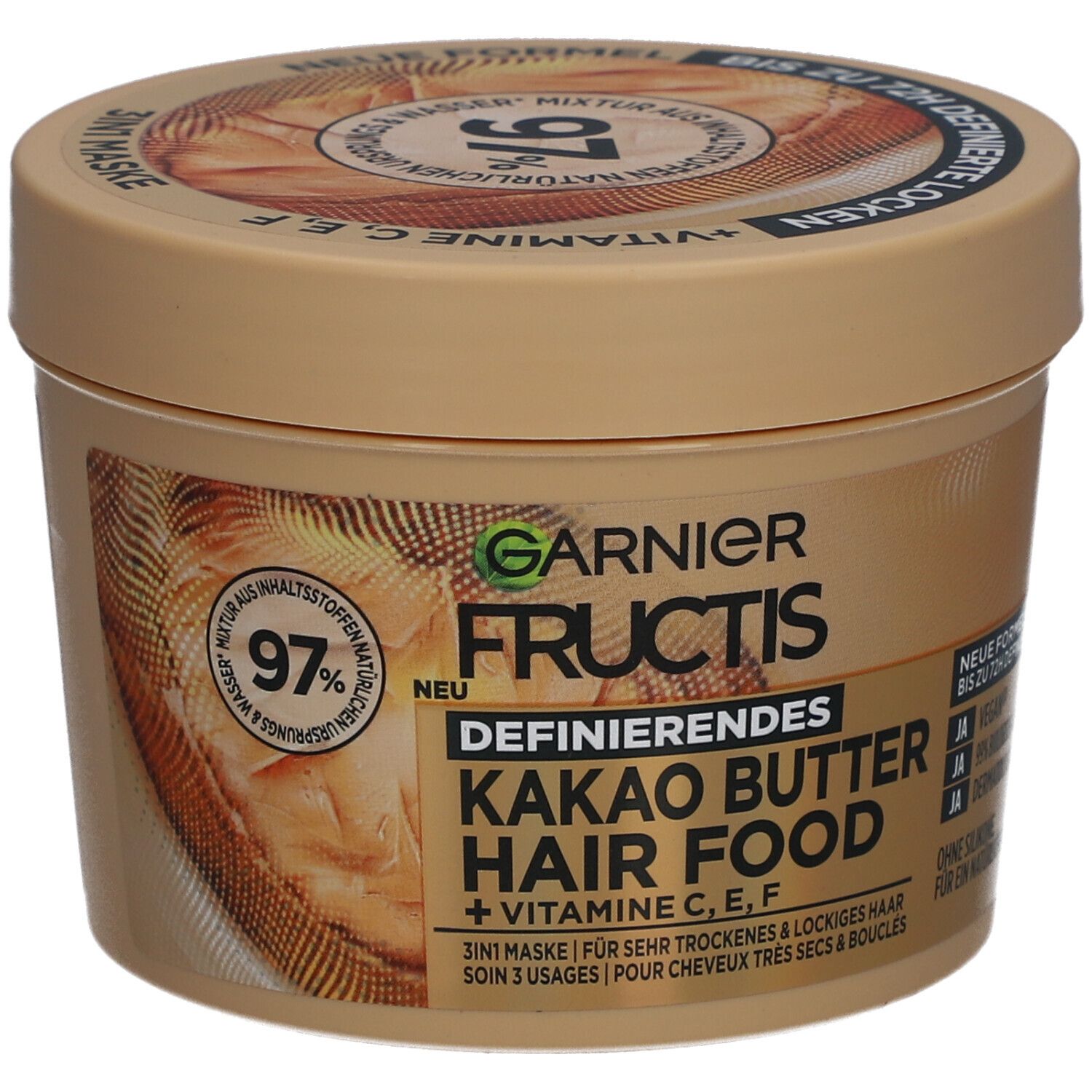 Pot beige Garnier Fructis Hair Food. Inscription: Beurre de cacao, Hair Food, masque 3 en 1. 97% d'ingrédients d'origine naturelle.