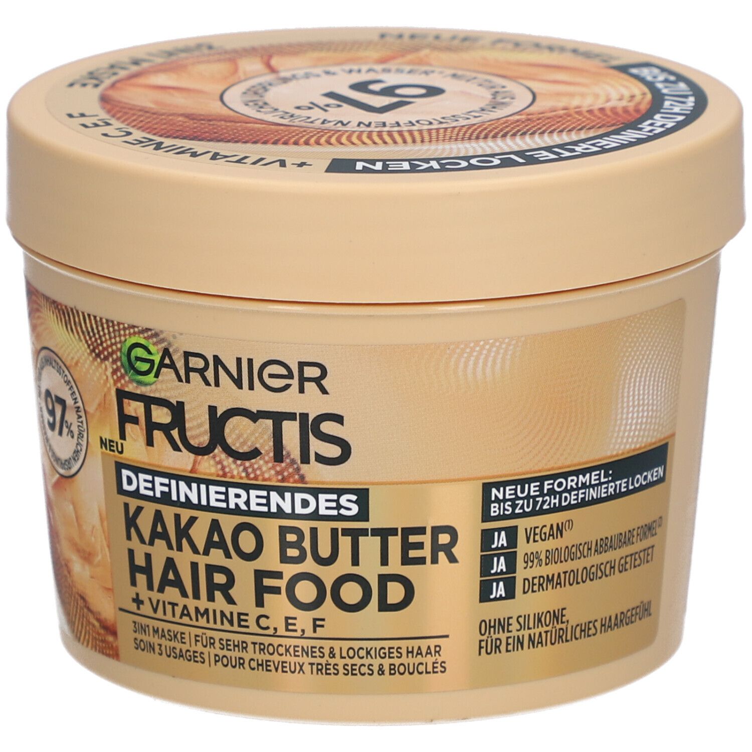 Pot beige Garnier Fructis Hair Food. Inscription: Beurre de cacao, Hair Food, masque 3 en 1. Vegan. Testé dermatologiquement.